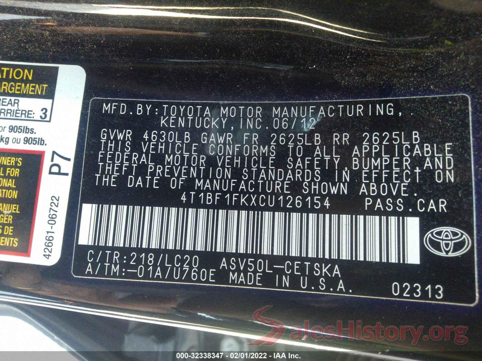 4T1BF1FKXCU126154 2012 TOYOTA CAMRY