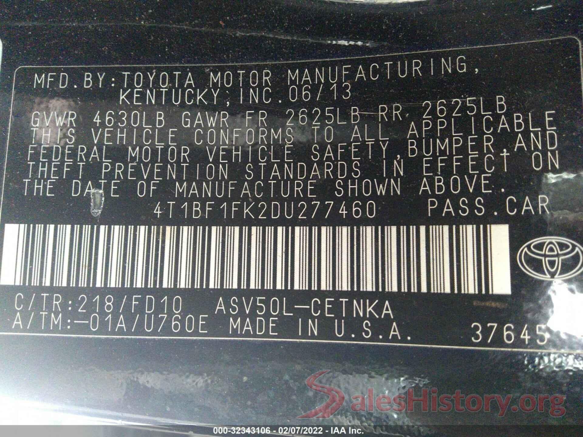 4T1BF1FK2DU277460 2013 TOYOTA CAMRY