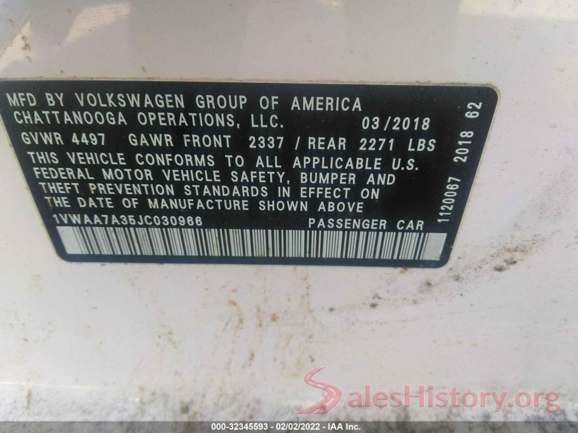 1VWAA7A35JC030966 2018 VOLKSWAGEN PASSAT