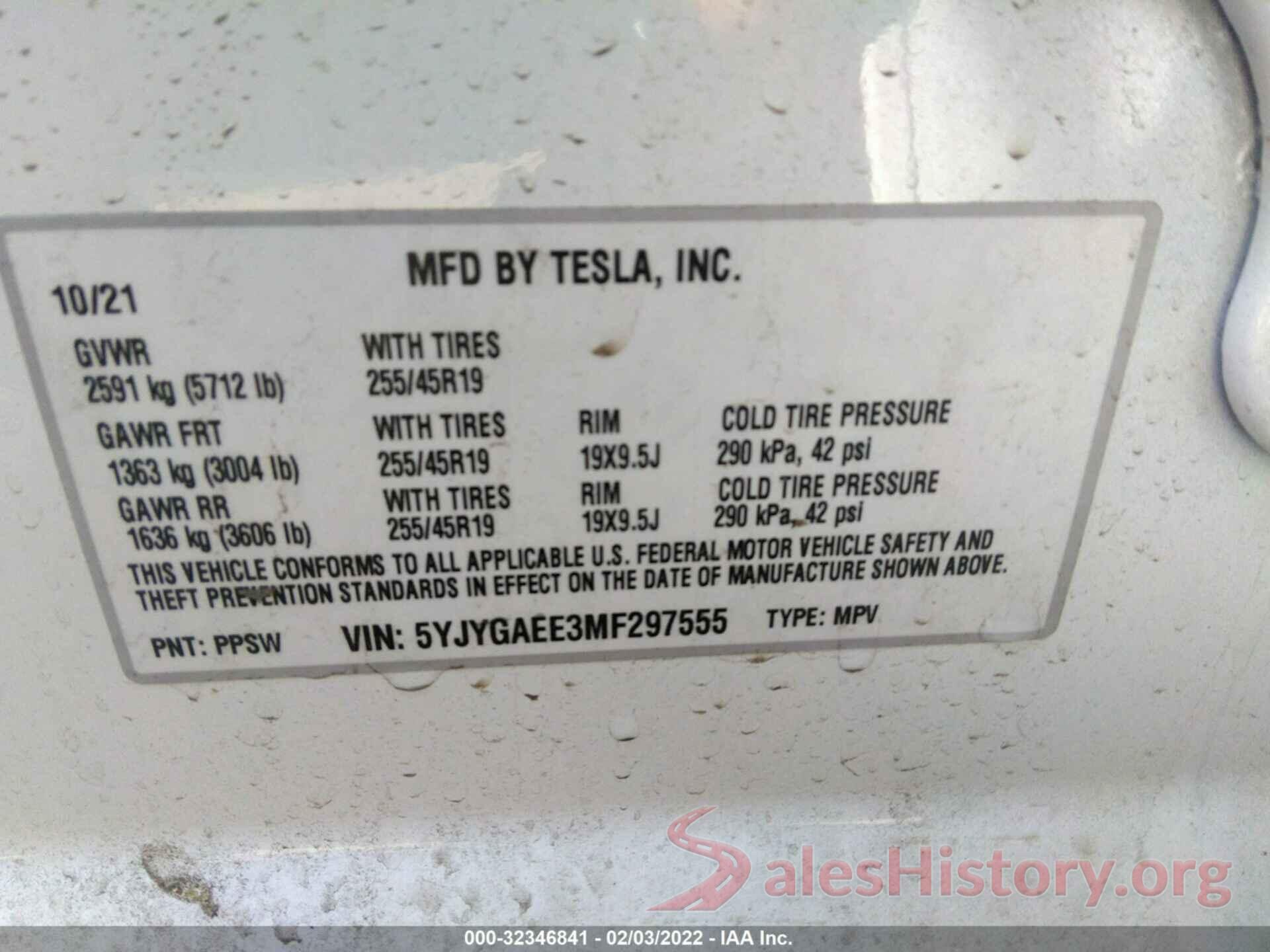 5YJYGAEE3MF297555 2021 TESLA MODEL Y