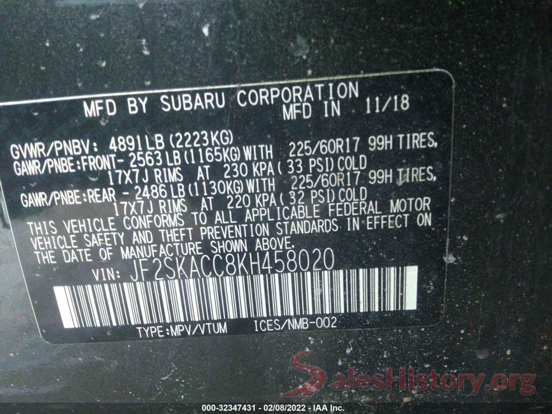 JF2SKACC8KH458020 2019 SUBARU FORESTER