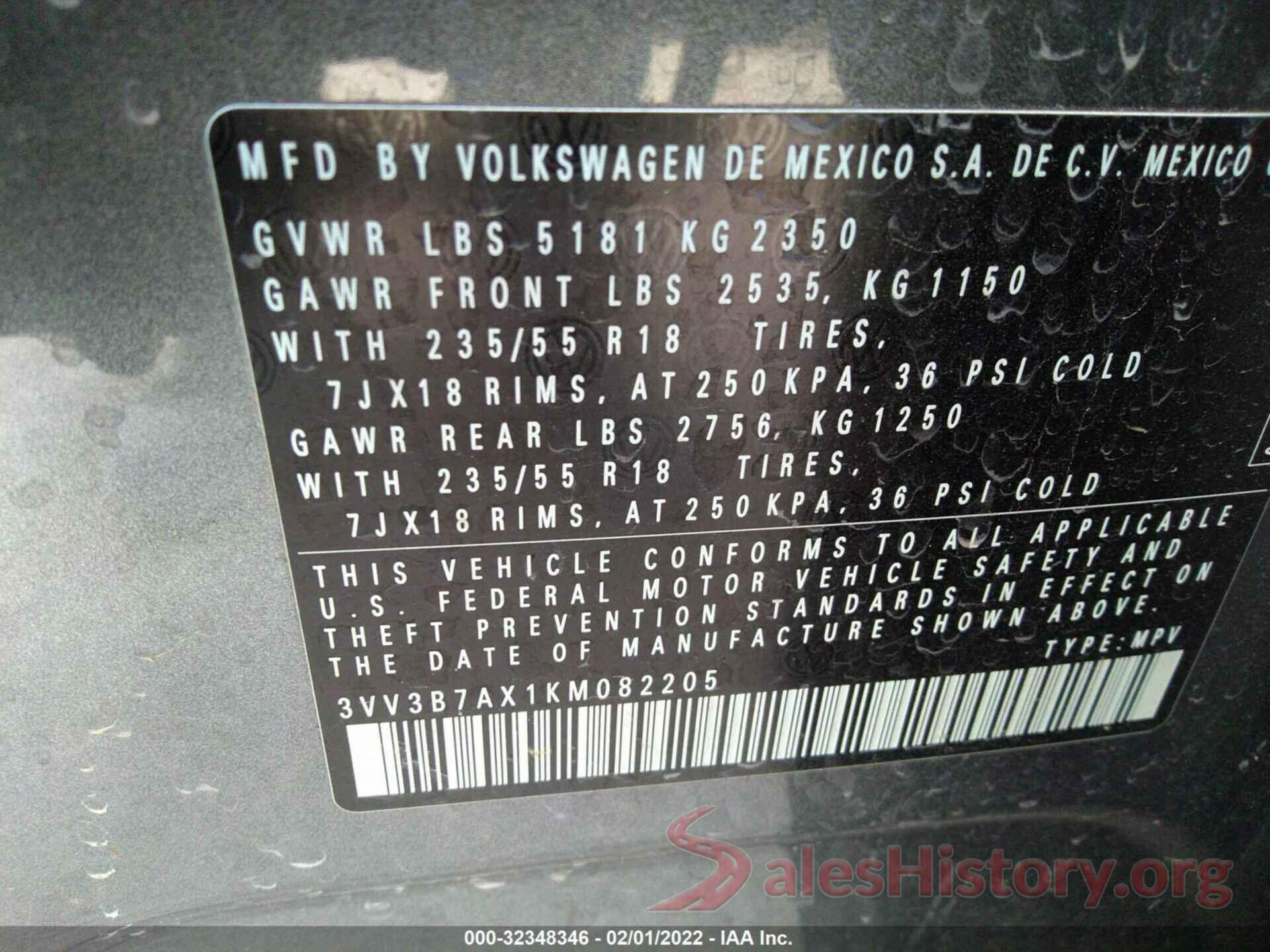 3VV3B7AX1KM082205 2019 VOLKSWAGEN TIGUAN