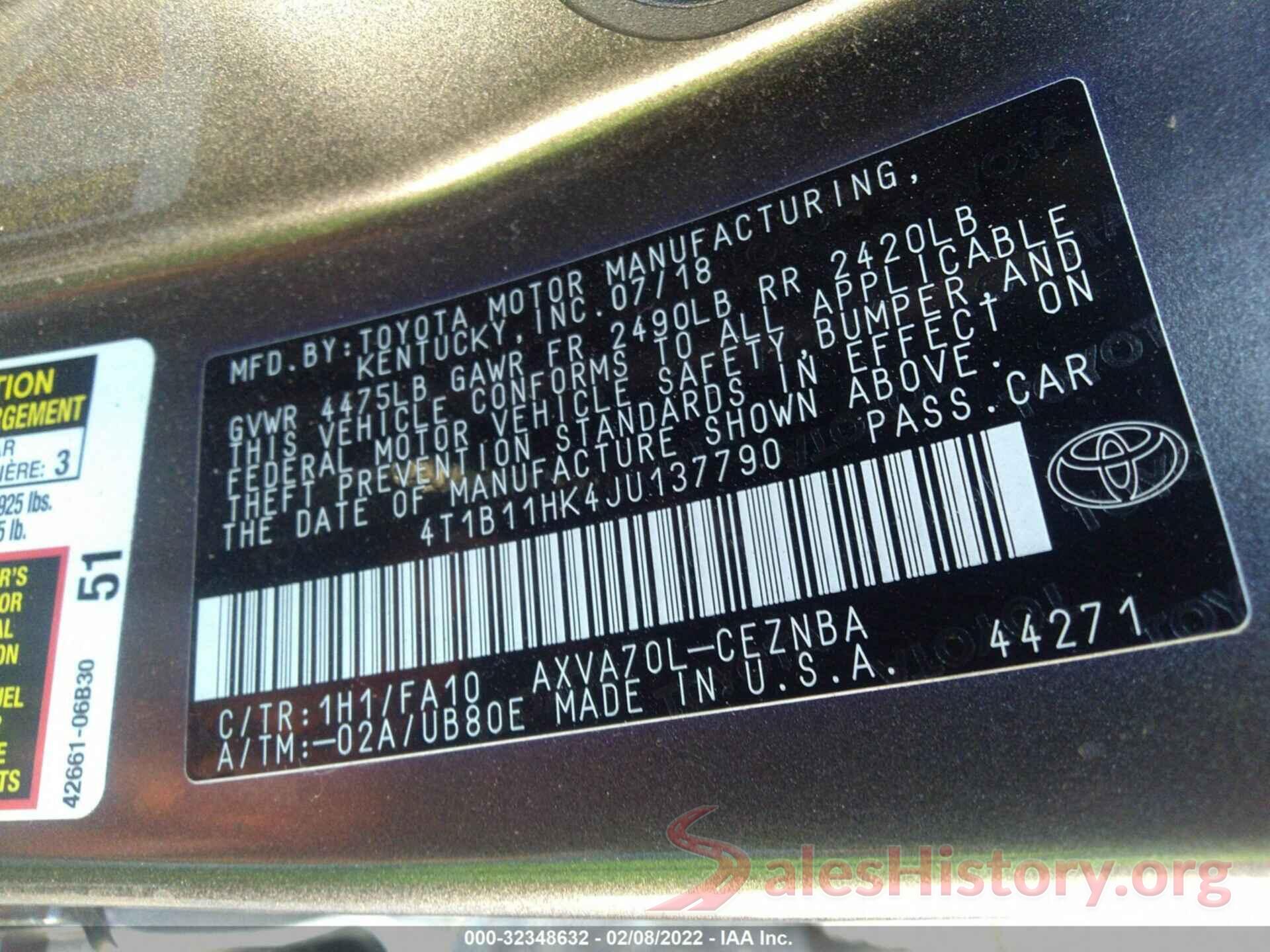 4T1B11HK4JU137790 2018 TOYOTA CAMRY