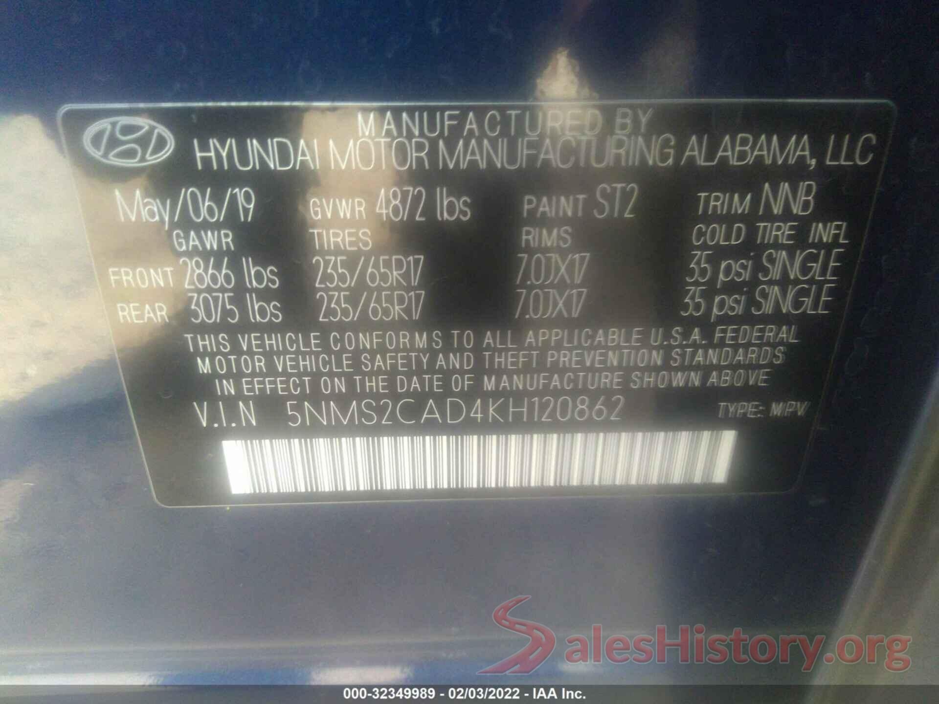 5NMS2CAD4KH120862 2019 HYUNDAI SANTA FE