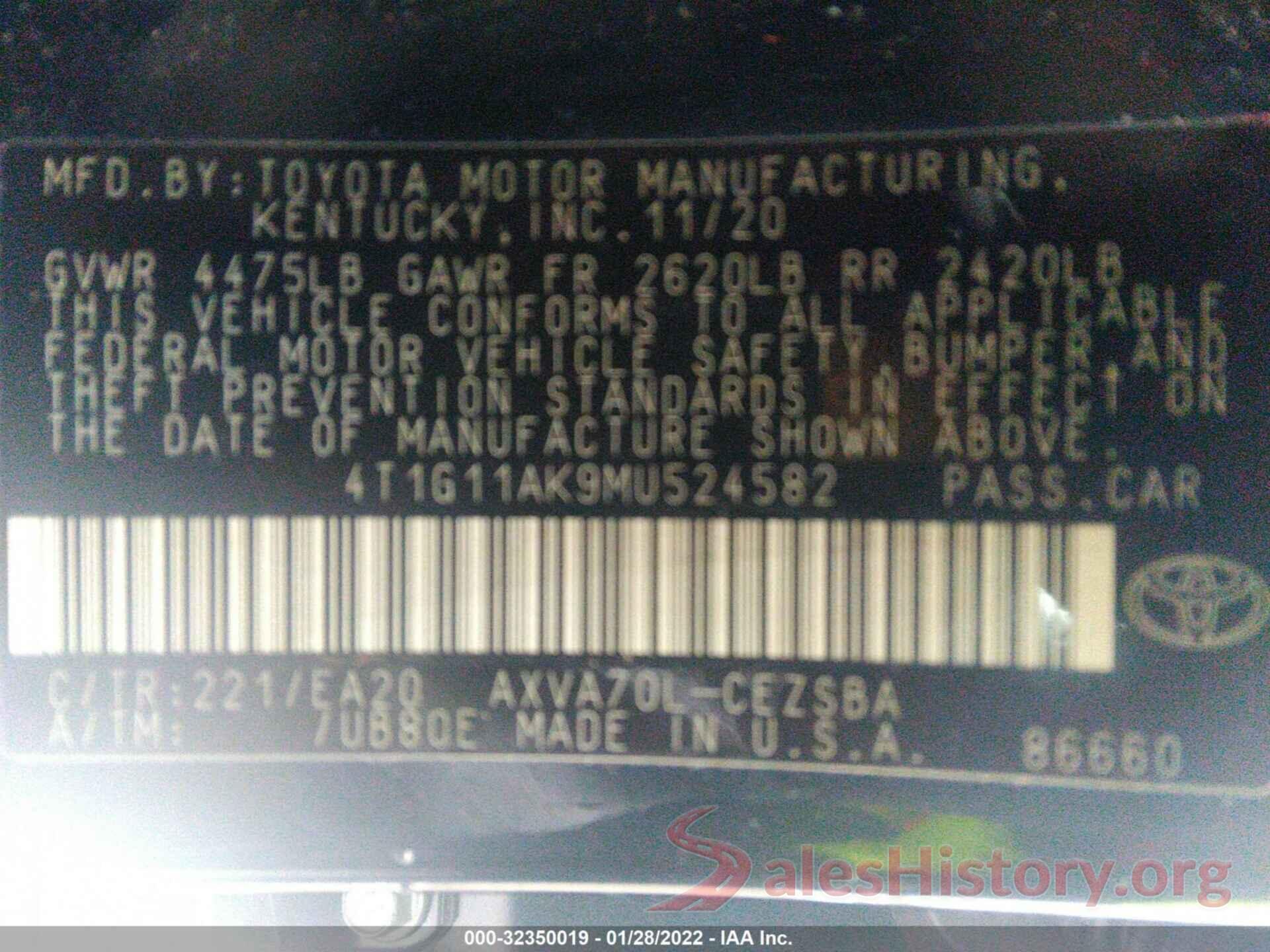 4T1G11AK9MU524582 2021 TOYOTA CAMRY