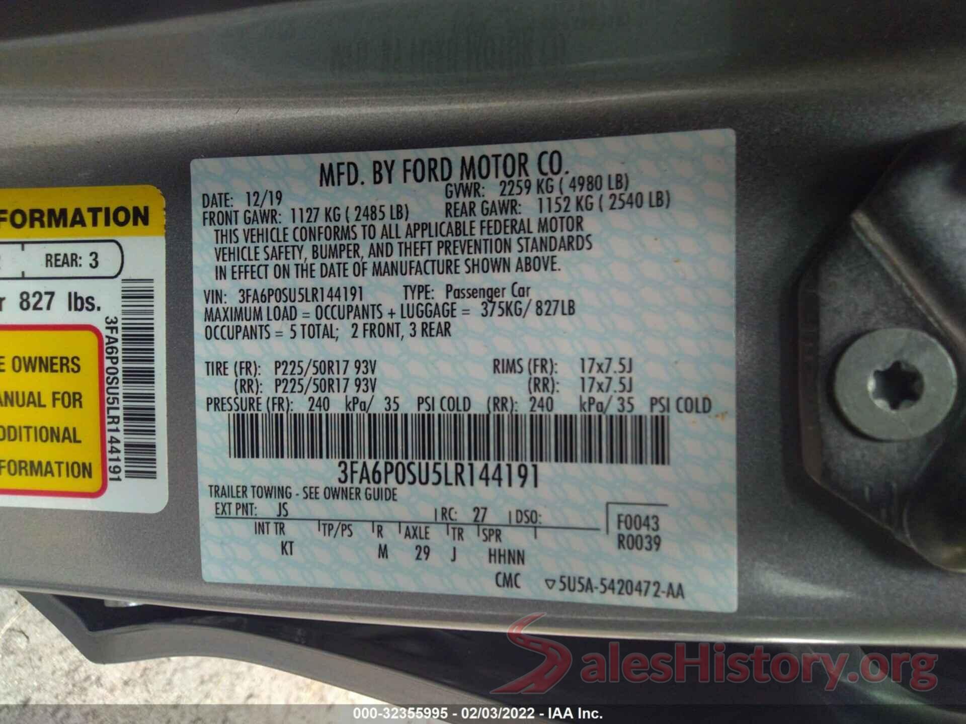 3FA6P0SU5LR144191 2020 FORD FUSION ENERGI