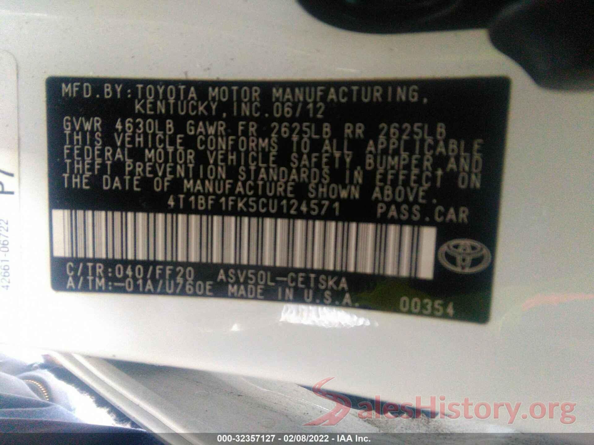 4T1BF1FK5CU124571 2012 TOYOTA CAMRY