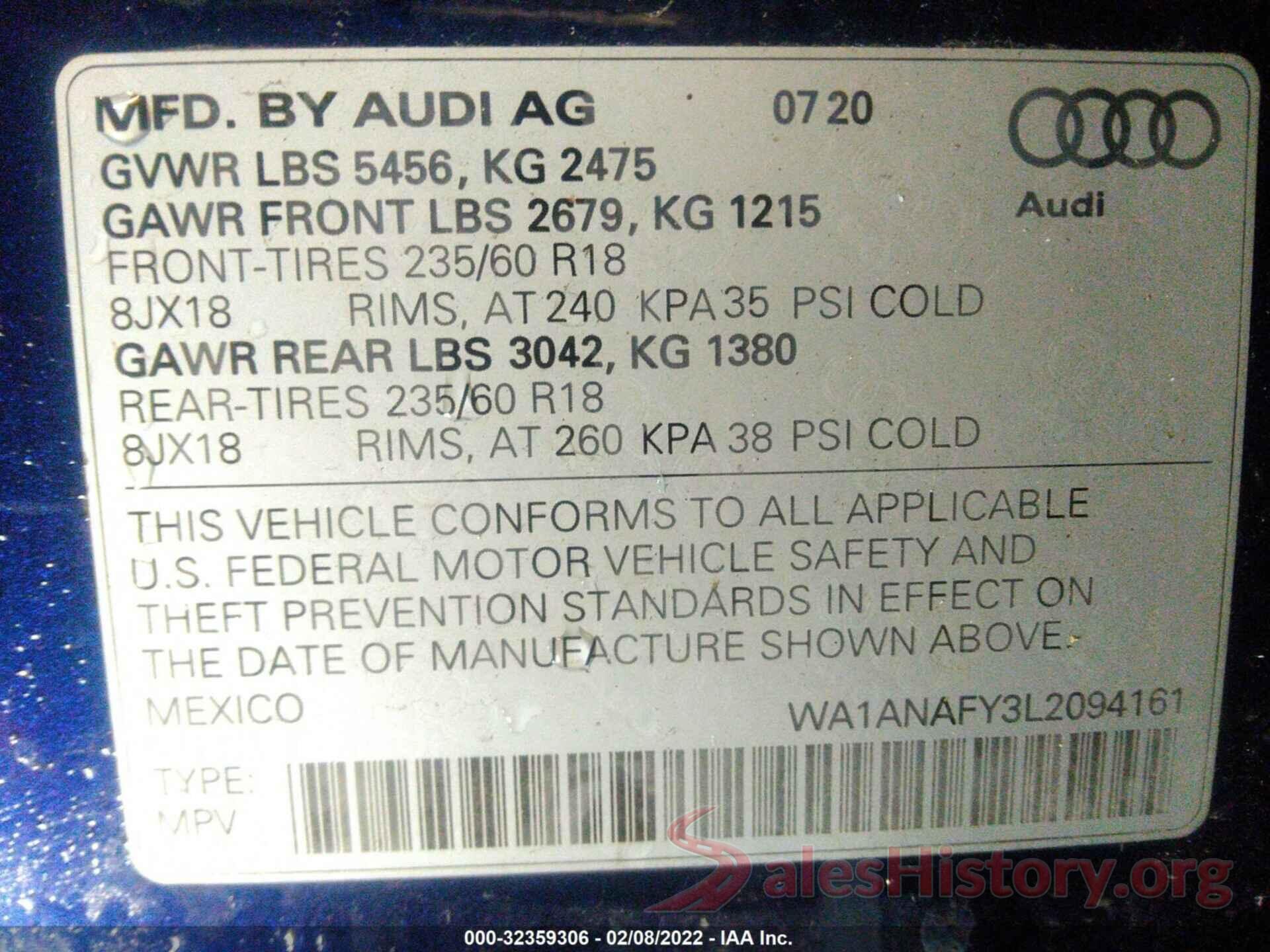 WA1ANAFY3L2094161 2020 AUDI Q5