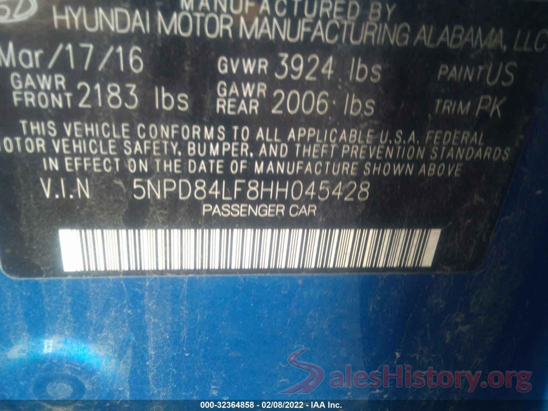 5NPD84LF8HH045428 2017 HYUNDAI ELANTRA