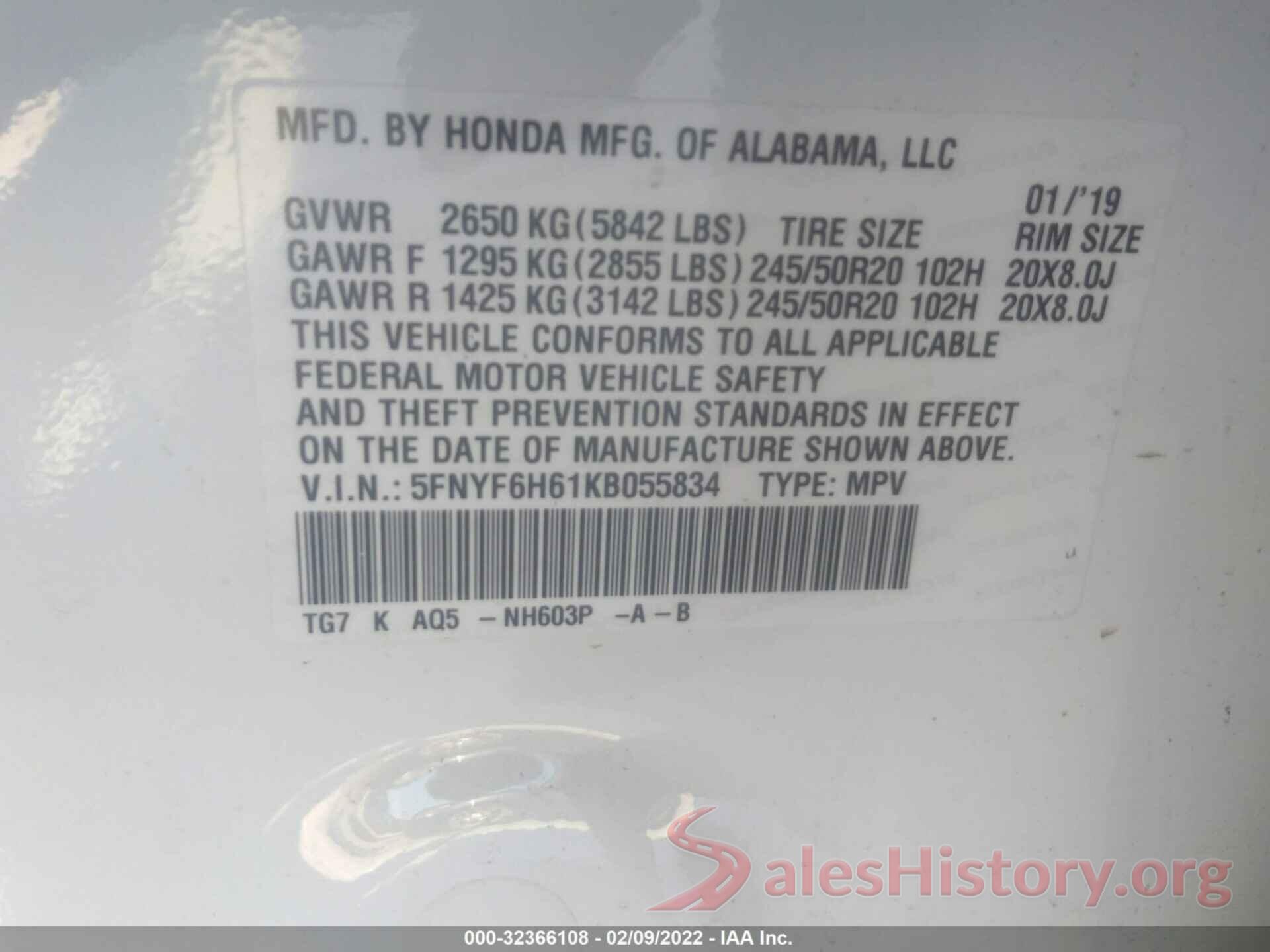 5FNYF6H61KB055834 2019 HONDA PILOT