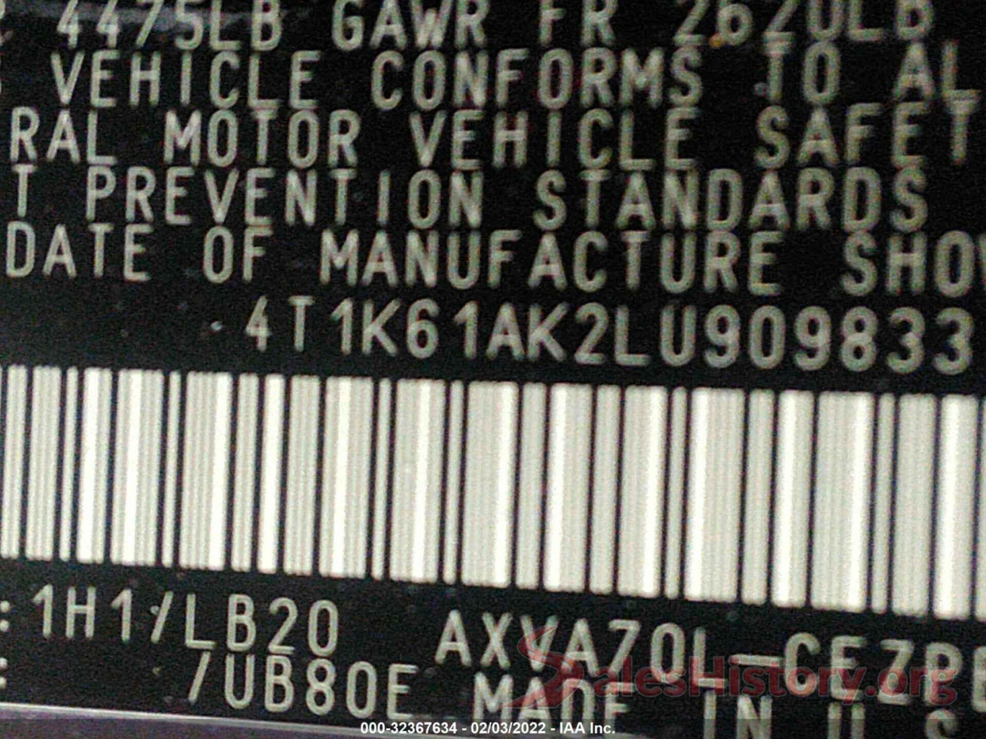 4T1K61AK2LU909833 2020 TOYOTA CAMRY