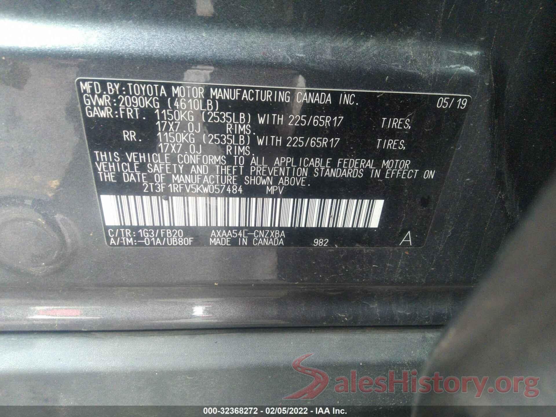 2T3F1RFV5KW057484 2019 TOYOTA RAV4