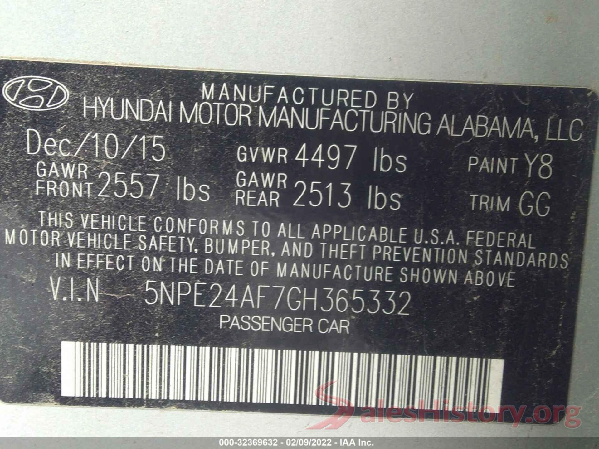 5NPE24AF7GH365332 2016 HYUNDAI SONATA