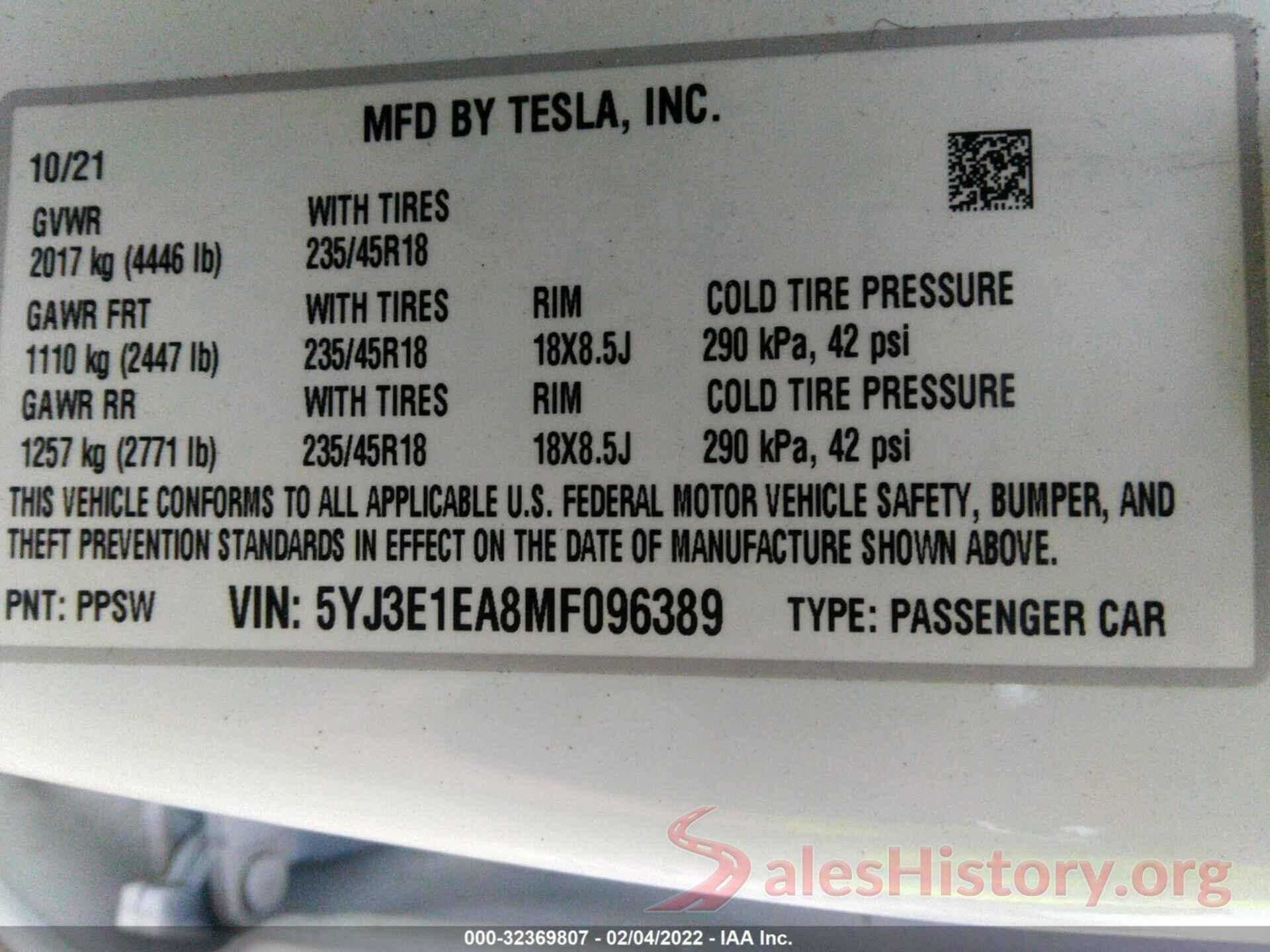 5YJ3E1EA8MF096389 2021 TESLA MODEL 3