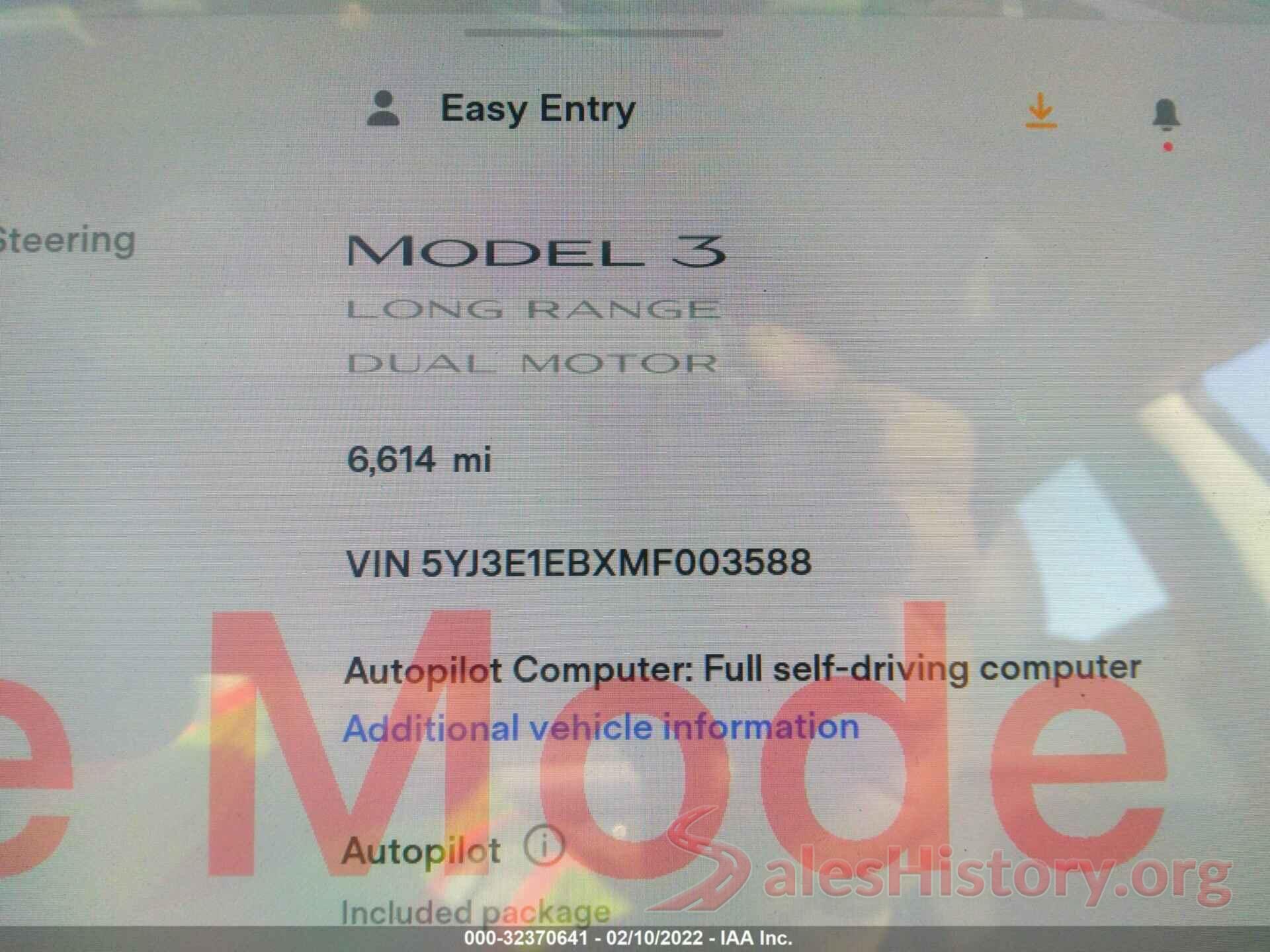 5YJ3E1EBXMF003588 2021 TESLA MODEL 3