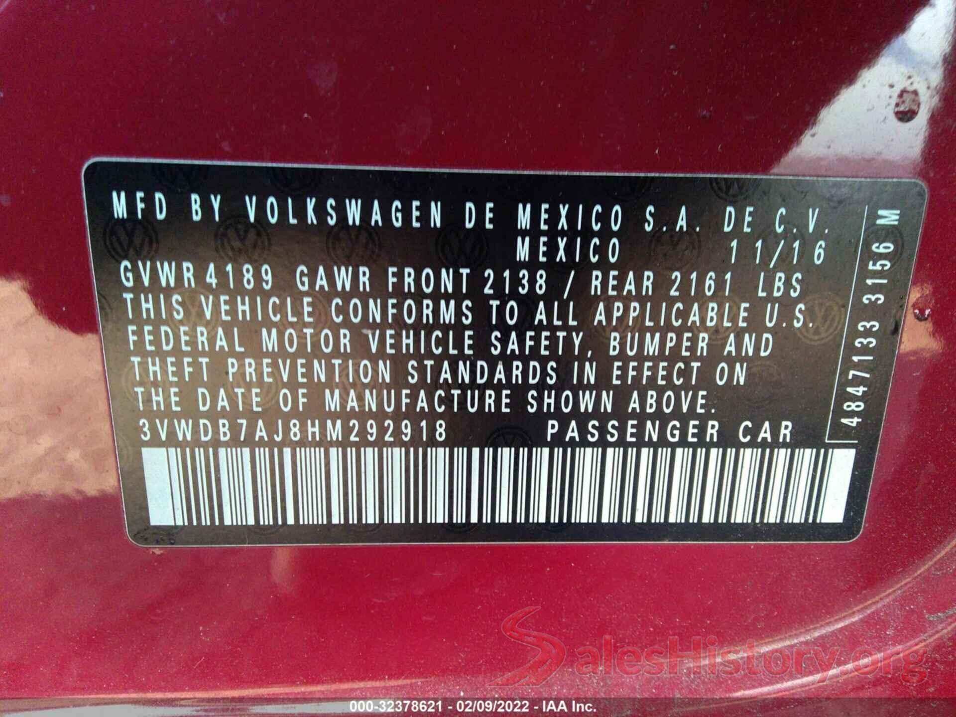 3VWDB7AJ8HM292918 2017 VOLKSWAGEN JETTA