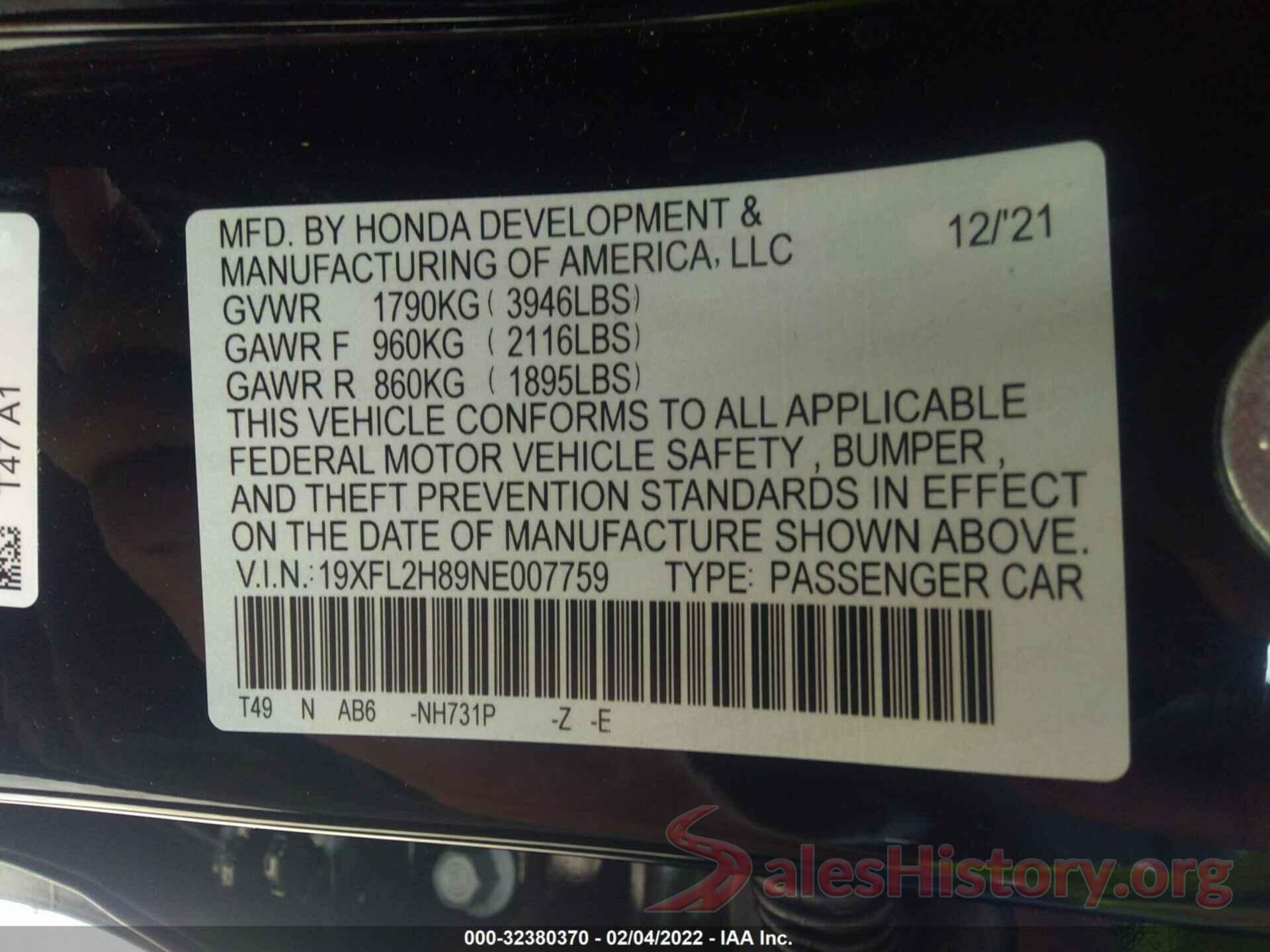 19XFL2H89NE007759 2022 HONDA CIVIC HATCHBACK