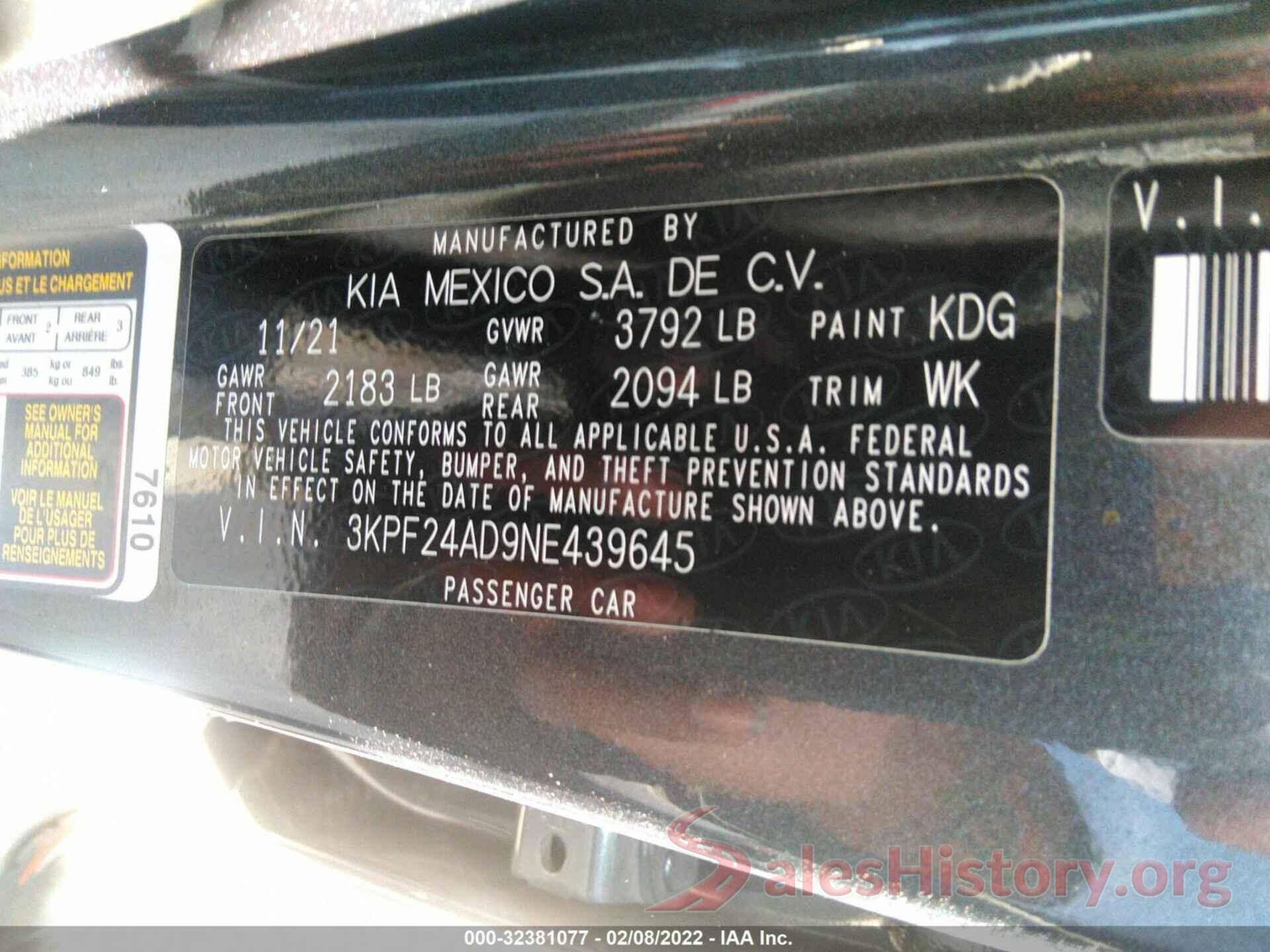 3KPF24AD9NE439645 2022 KIA FORTE