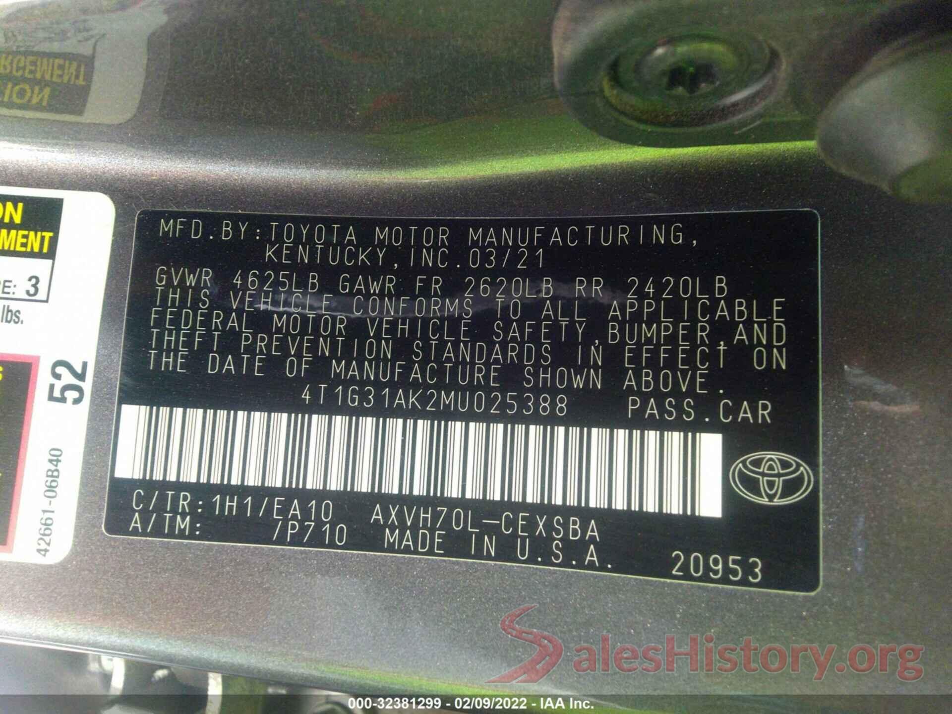 4T1G31AK2MU025388 2021 TOYOTA CAMRY