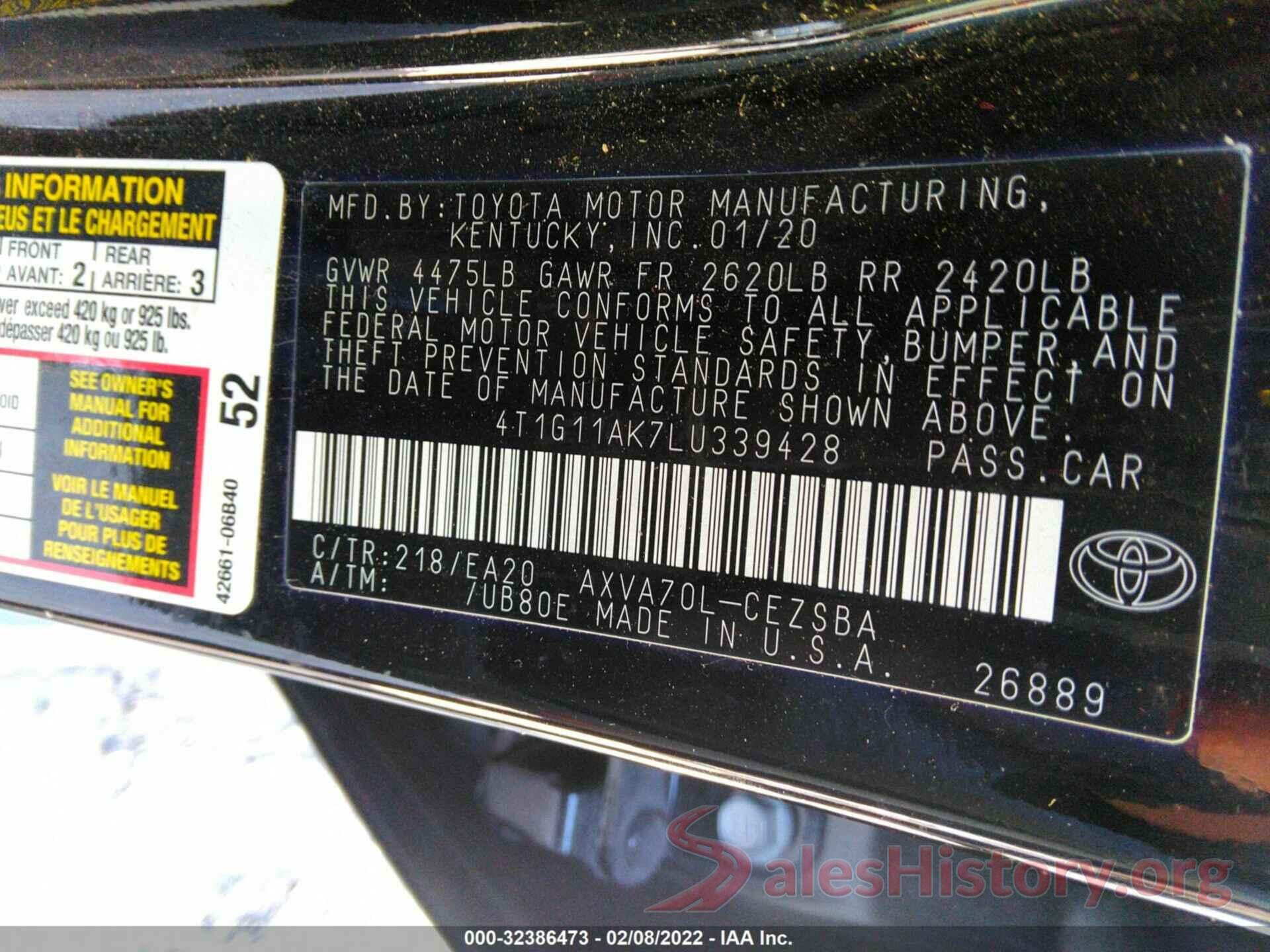 4T1G11AK7LU339428 2020 TOYOTA CAMRY