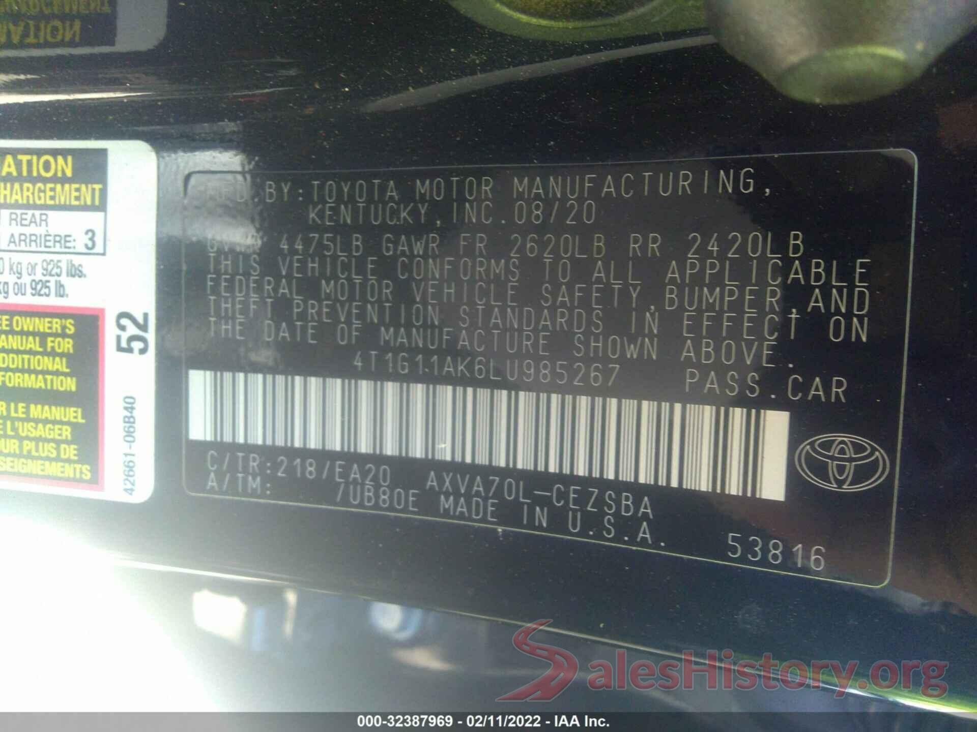 4T1G11AK6LU985267 2020 TOYOTA CAMRY