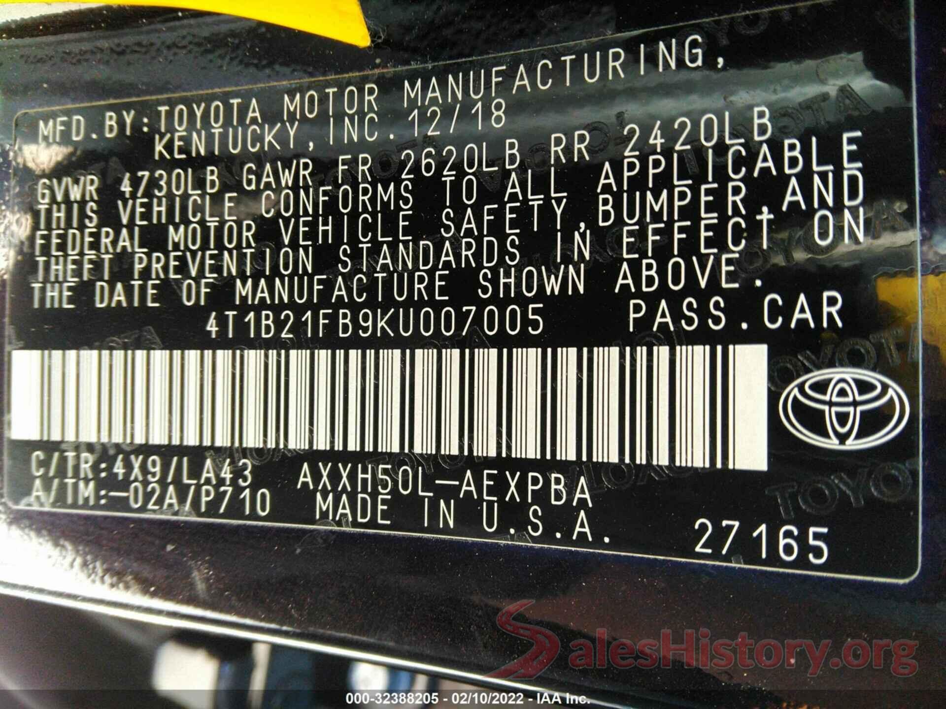 4T1B21FB9KU007005 2019 TOYOTA AVALON