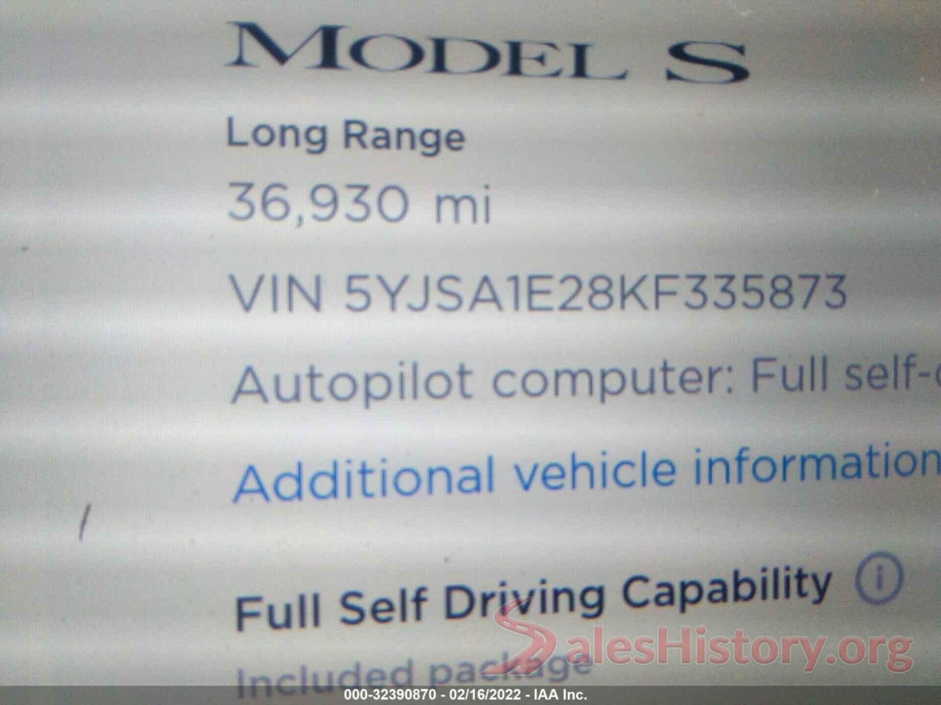 5YJSA1E28KF335873 2019 TESLA MODEL S