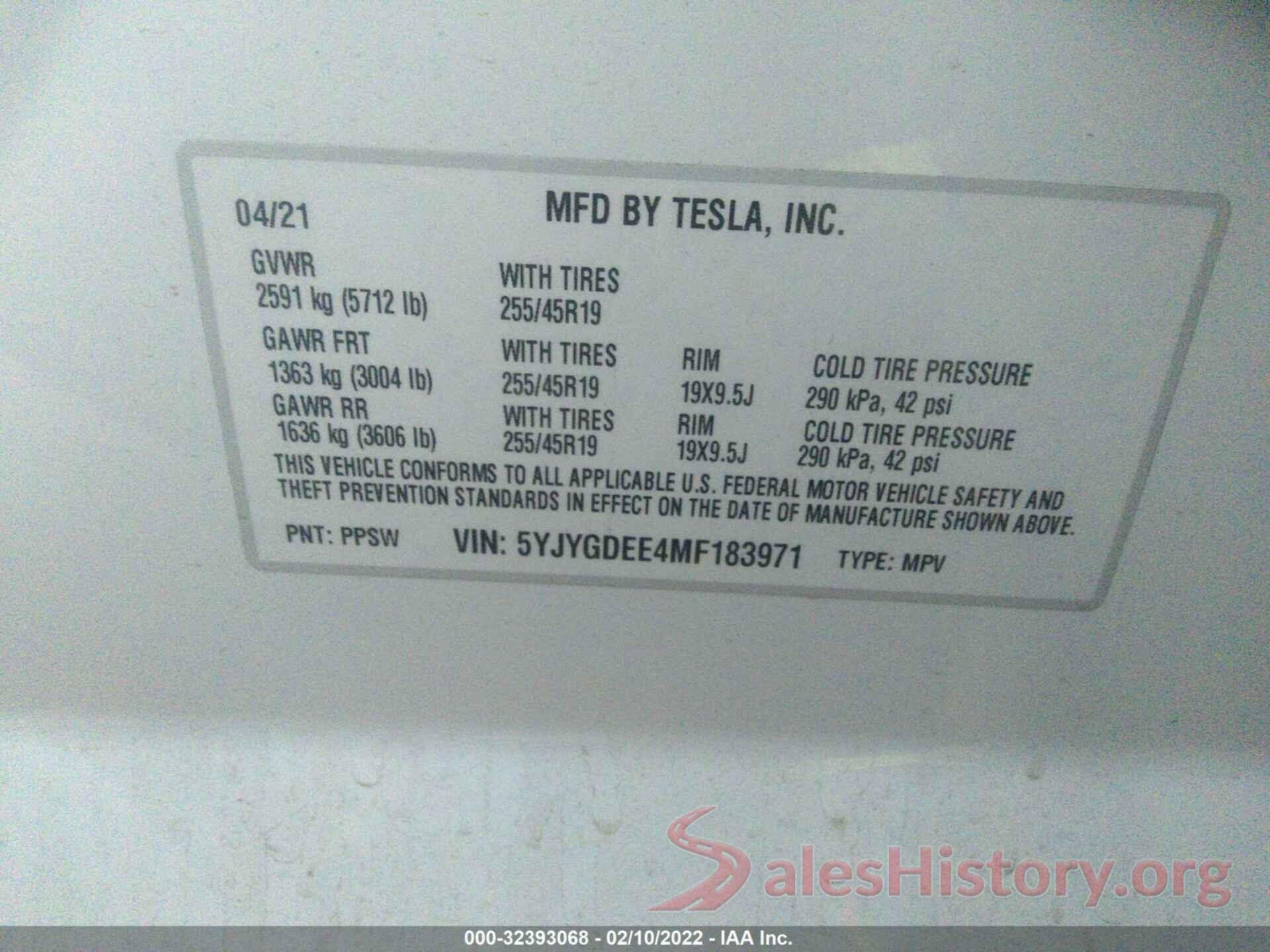 5YJYGDEE4MF183971 2021 TESLA MODEL Y