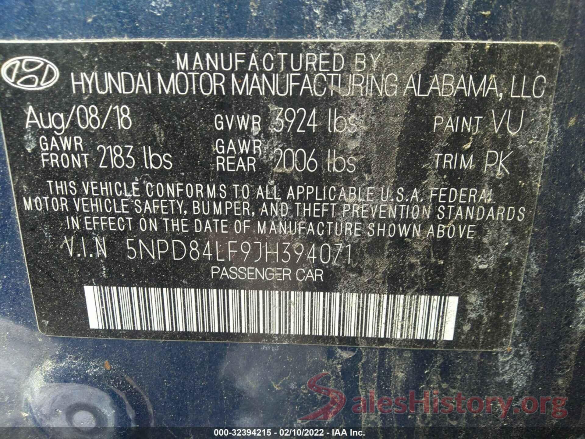 5NPD84LF9JH394071 2018 HYUNDAI ELANTRA