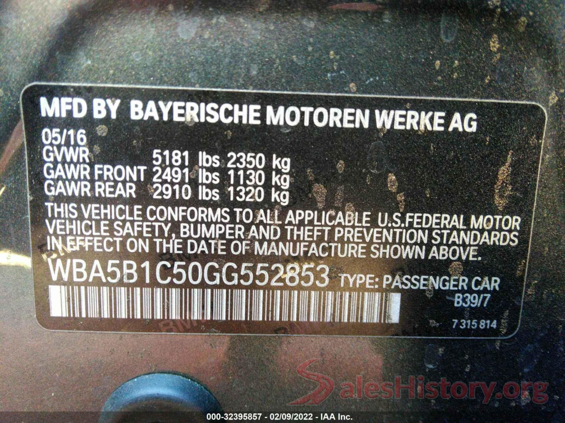 WBA5B1C50GG552853 2016 BMW 5 SERIES