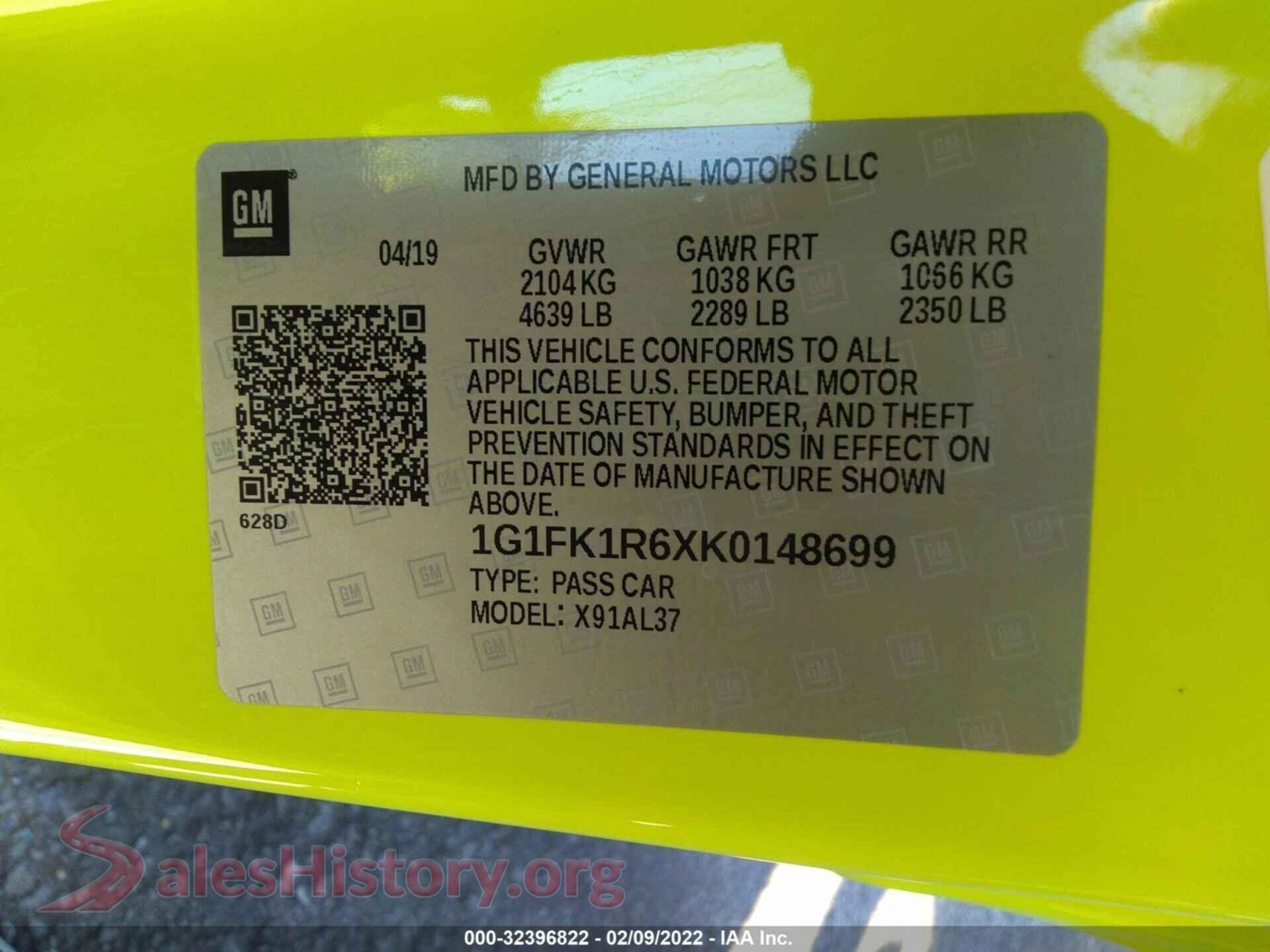 2019 CHEVROLET CAMARO VIN 1G1FK1R6XK0148699, engine bay