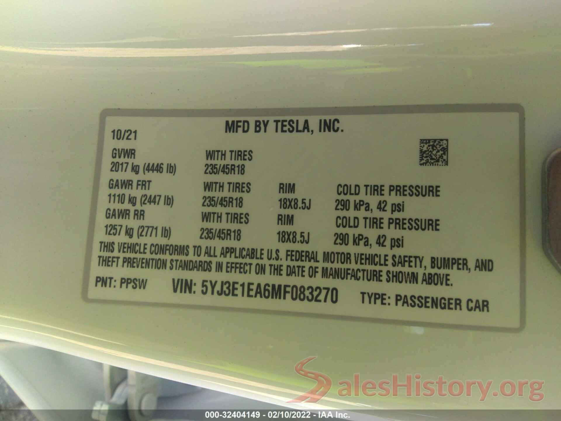 5YJ3E1EA6MF083270 2021 TESLA MODEL 3