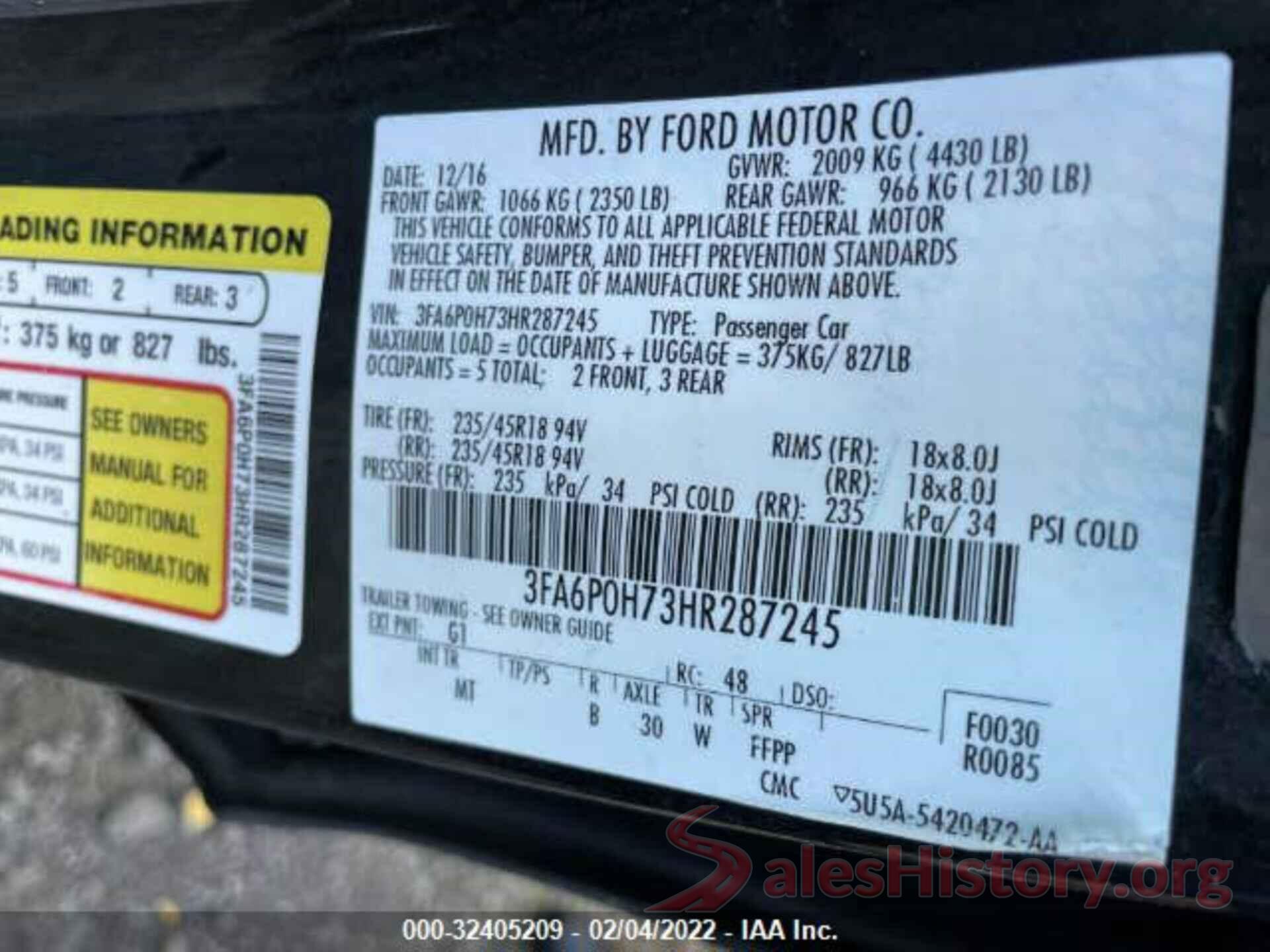 3FA6P0H73HR287245 2017 FORD FUSION