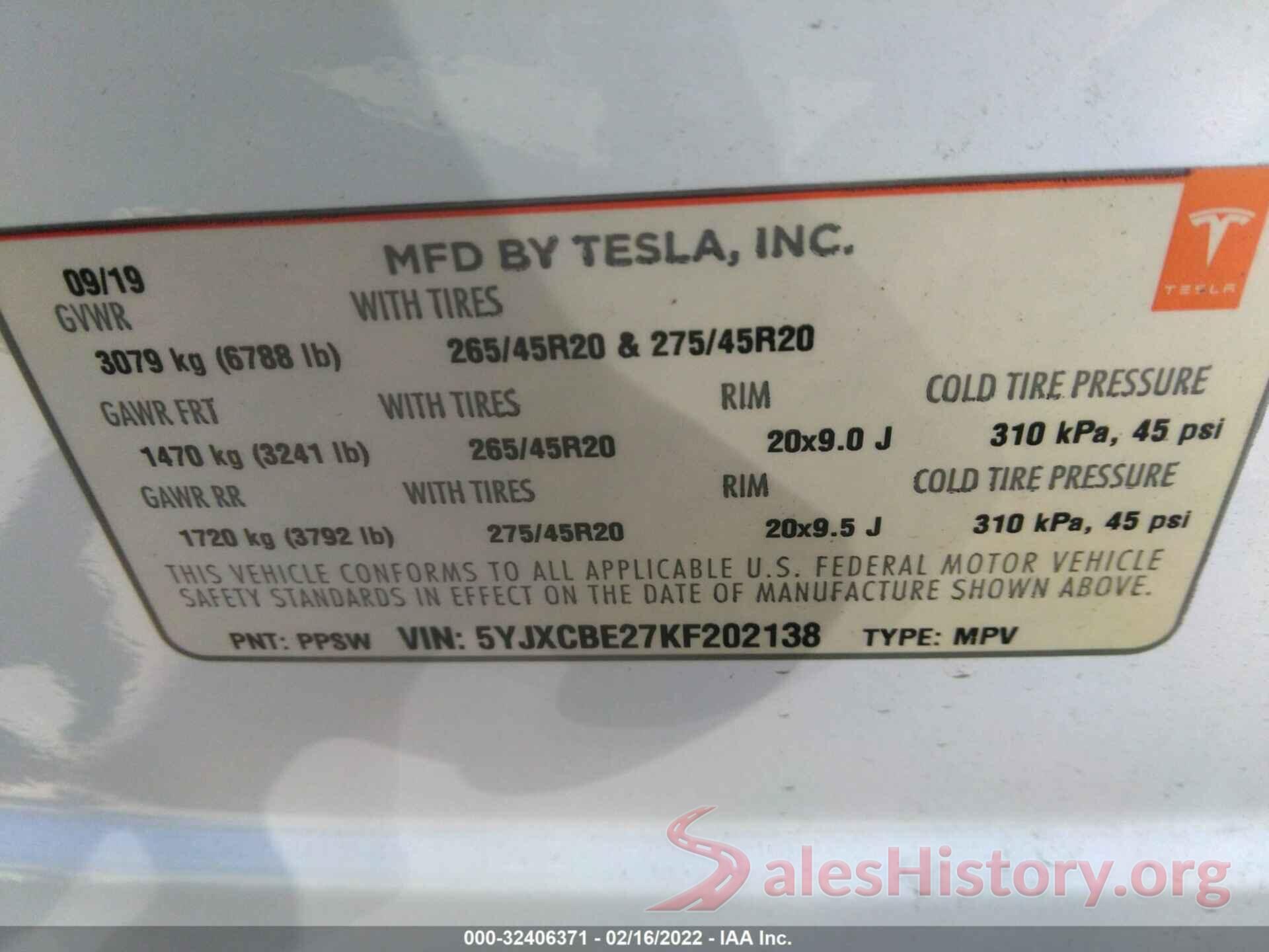 5YJXCBE27KF202138 2019 TESLA MODEL X