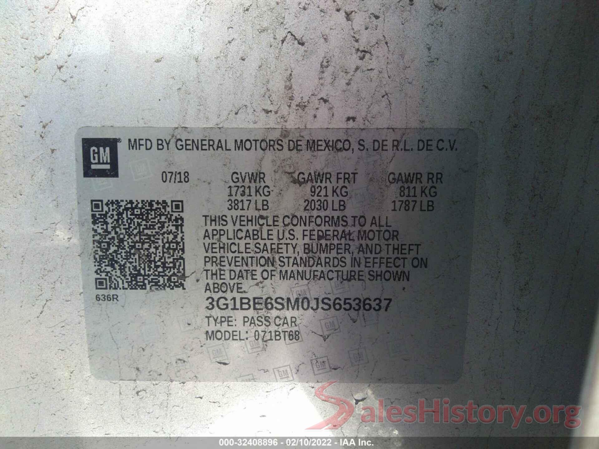 3G1BE6SM0JS653637 2018 CHEVROLET CRUZE