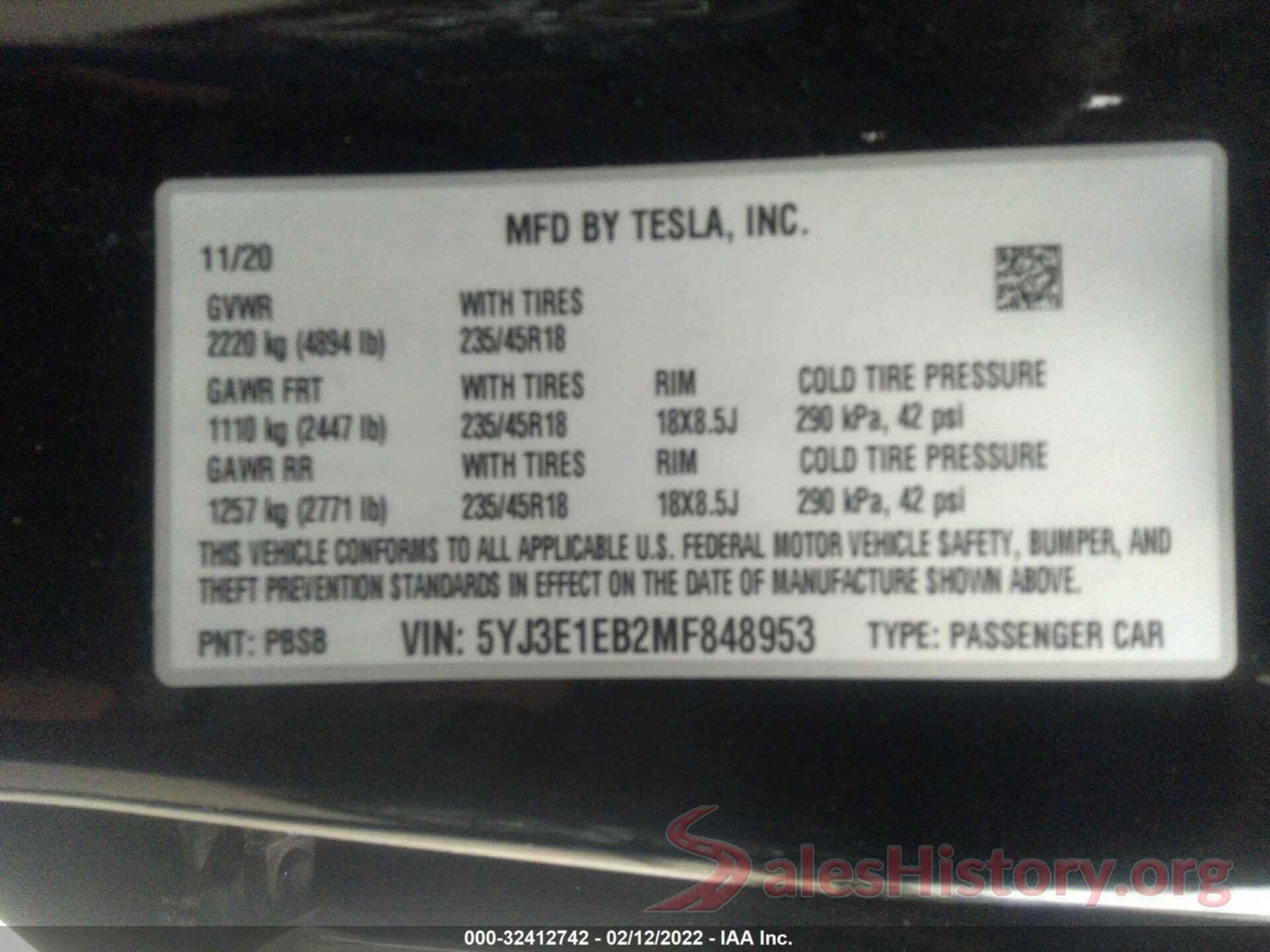 5YJ3E1EB2MF848953 2021 TESLA MODEL 3