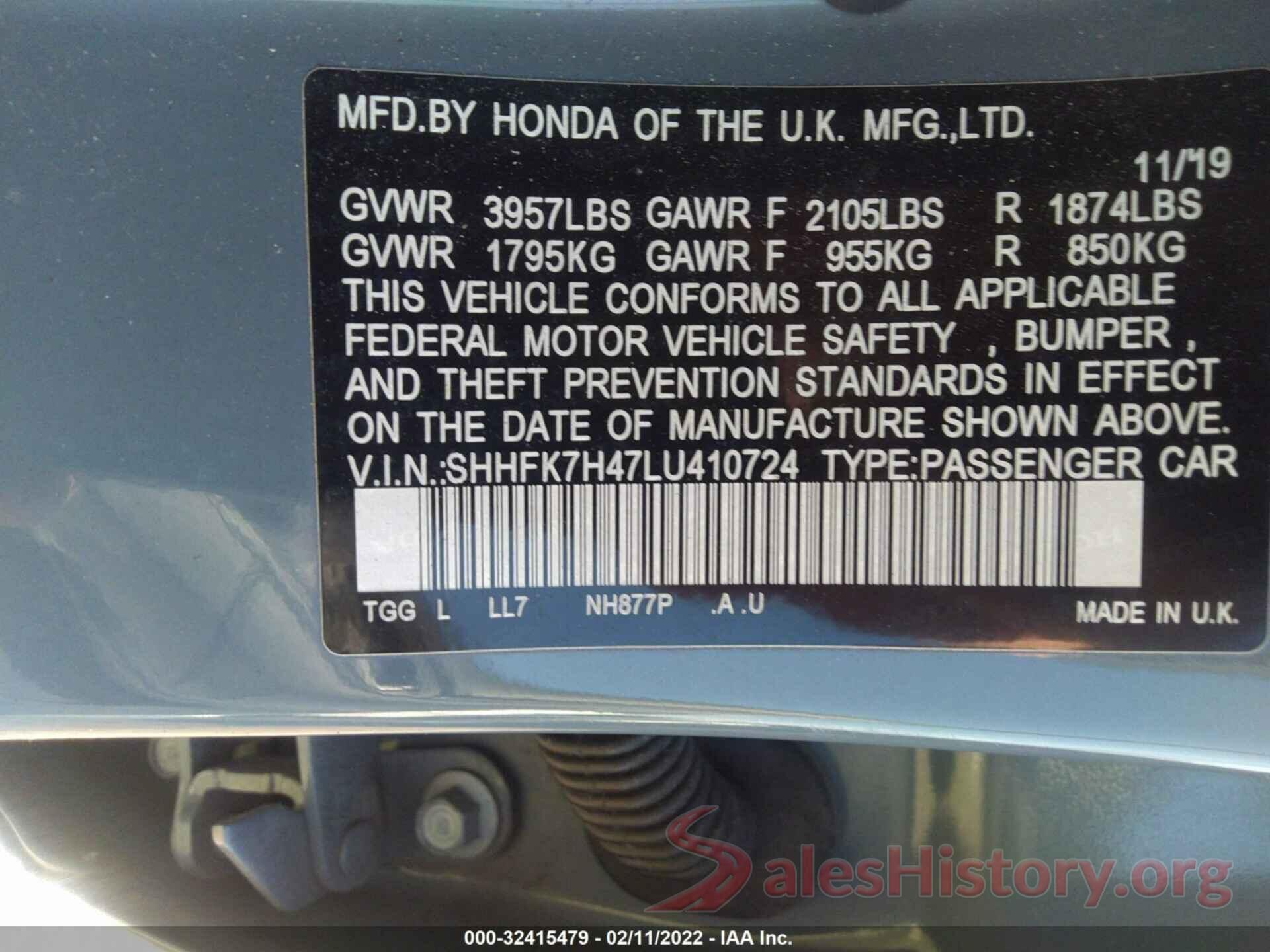 SHHFK7H47LU410724 2020 HONDA CIVIC HATCHBACK