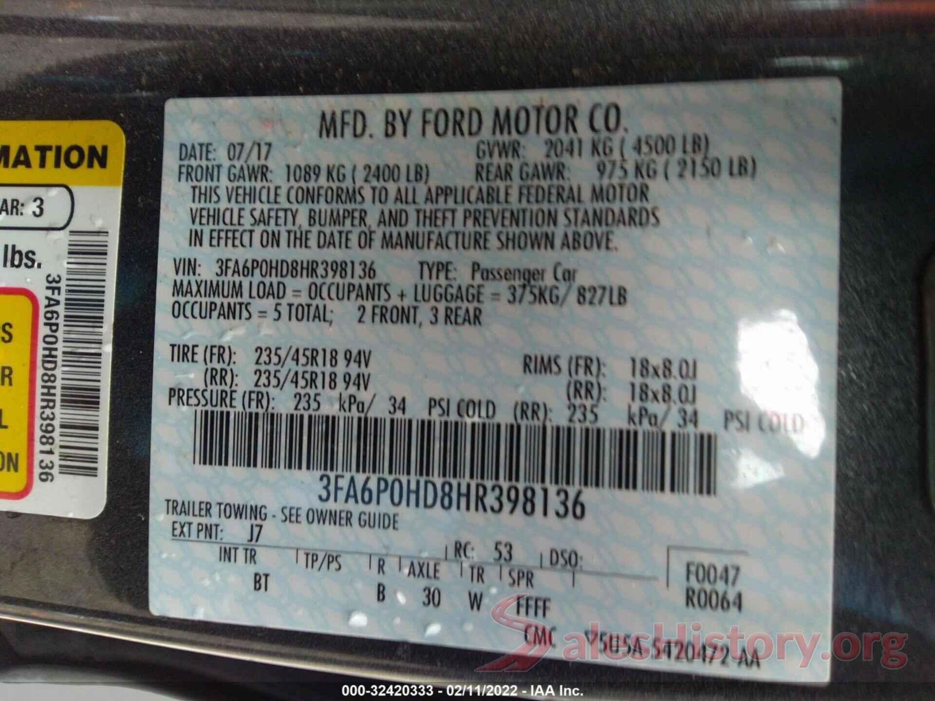 3FA6P0HD8HR398136 2017 FORD FUSION