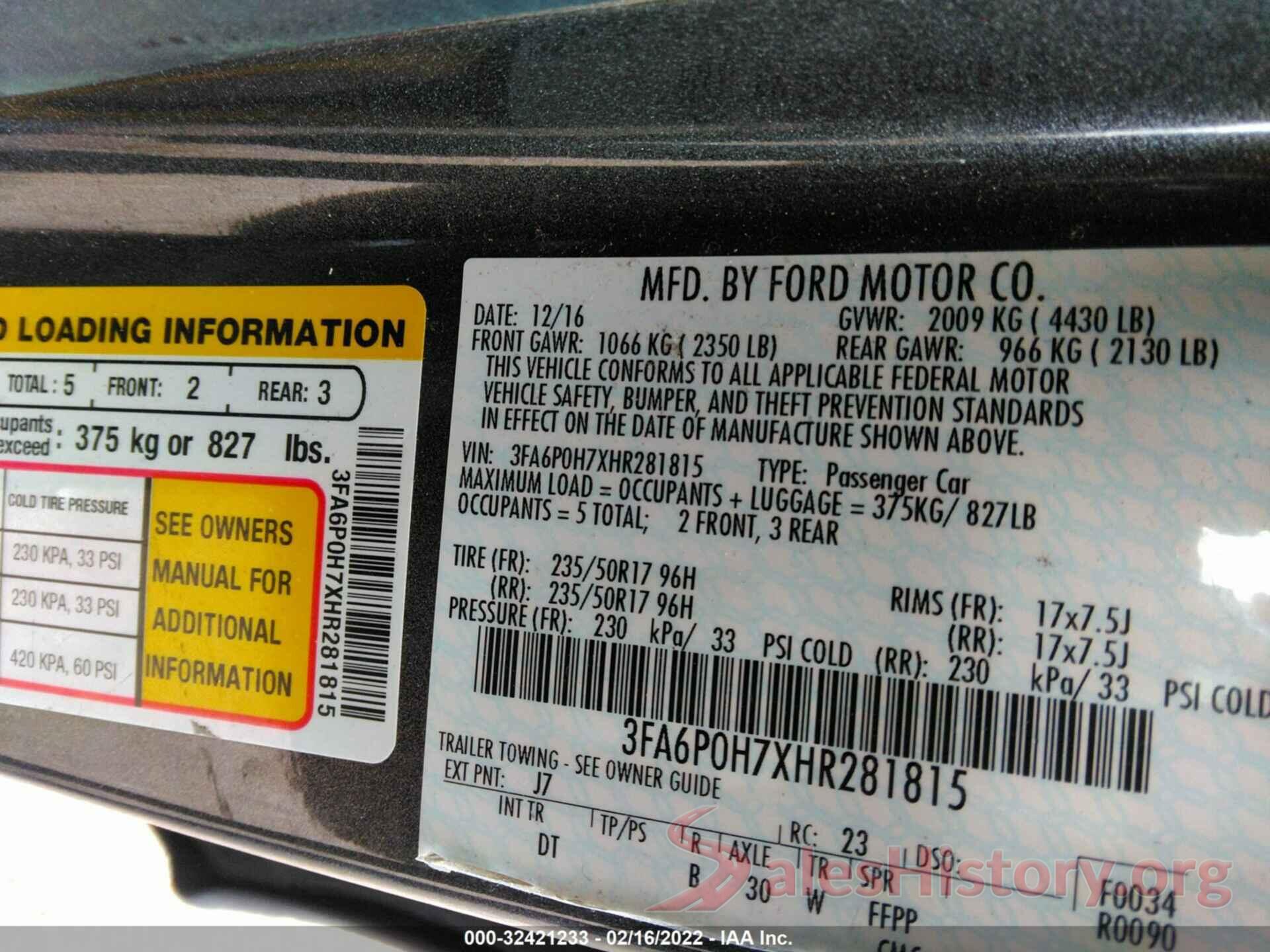 3FA6P0H7XHR281815 2017 FORD FUSION