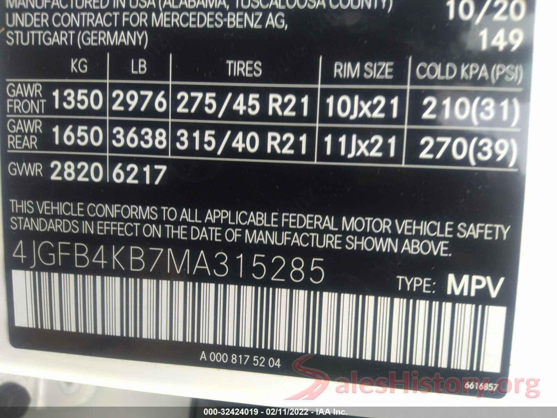 4JGFB4KB7MA315285 2021 MERCEDES-BENZ GLE