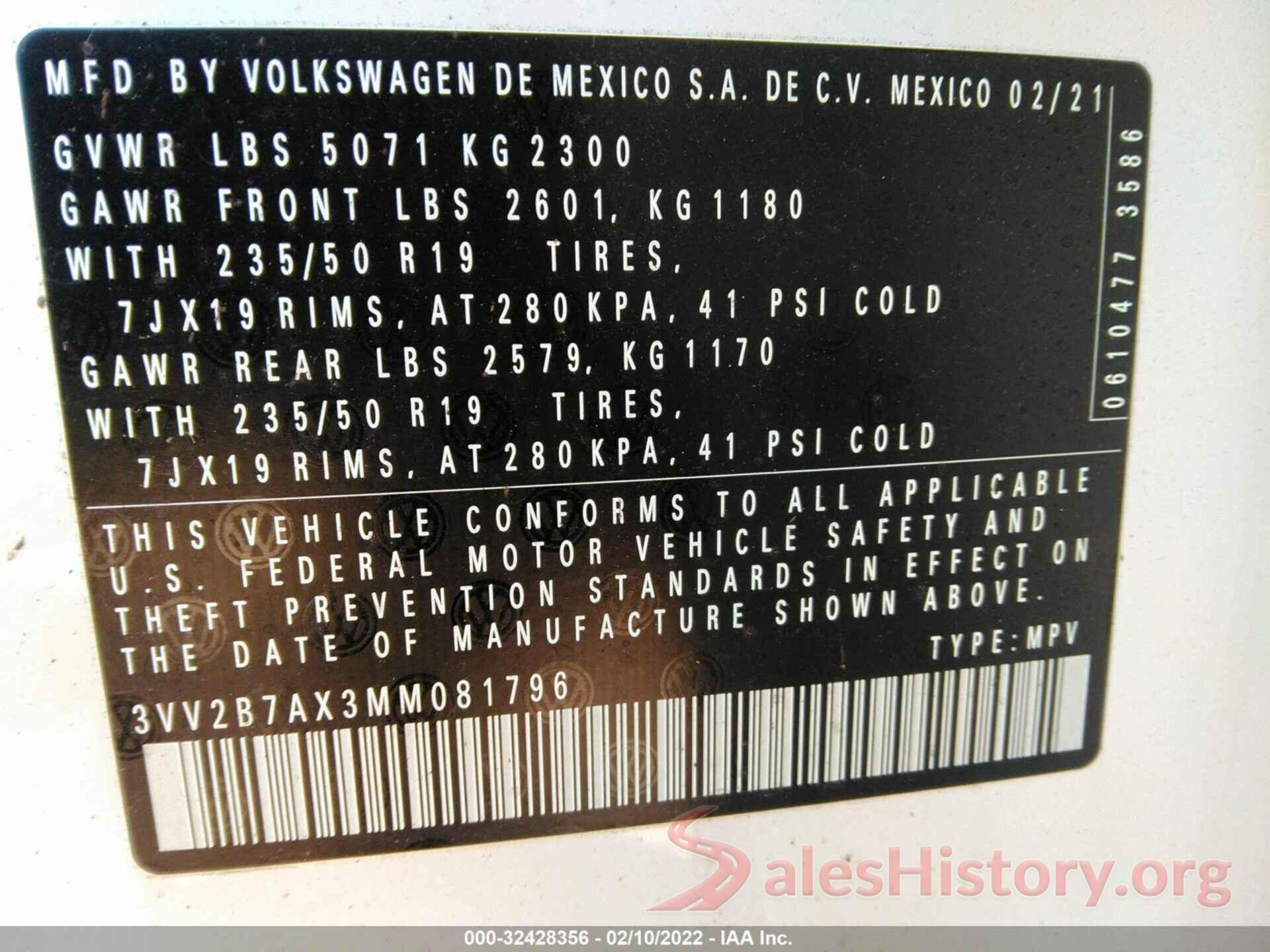 3VV2B7AX3MM081796 2021 VOLKSWAGEN TIGUAN