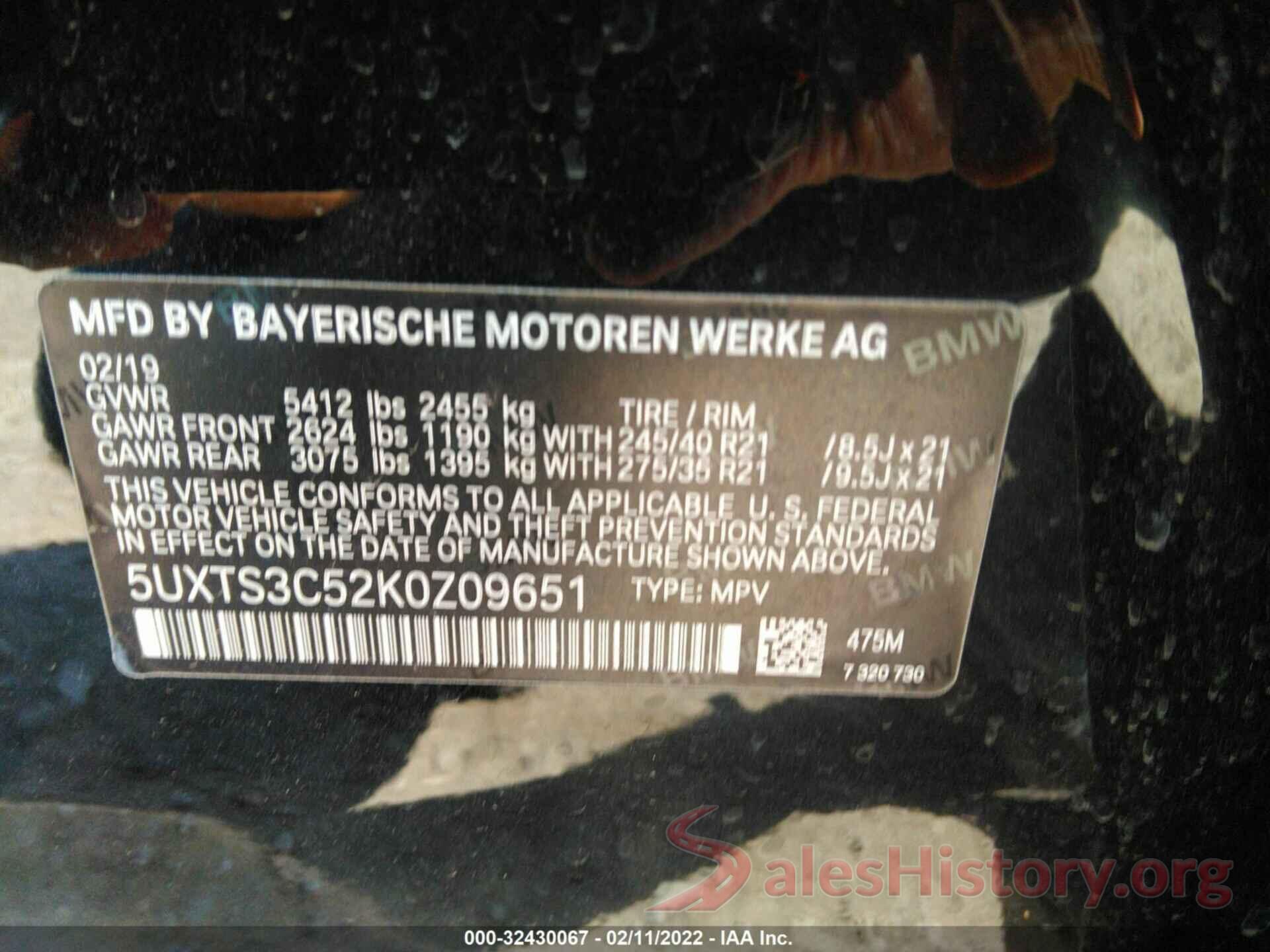 5UXTS3C52K0Z09651 2019 BMW X3