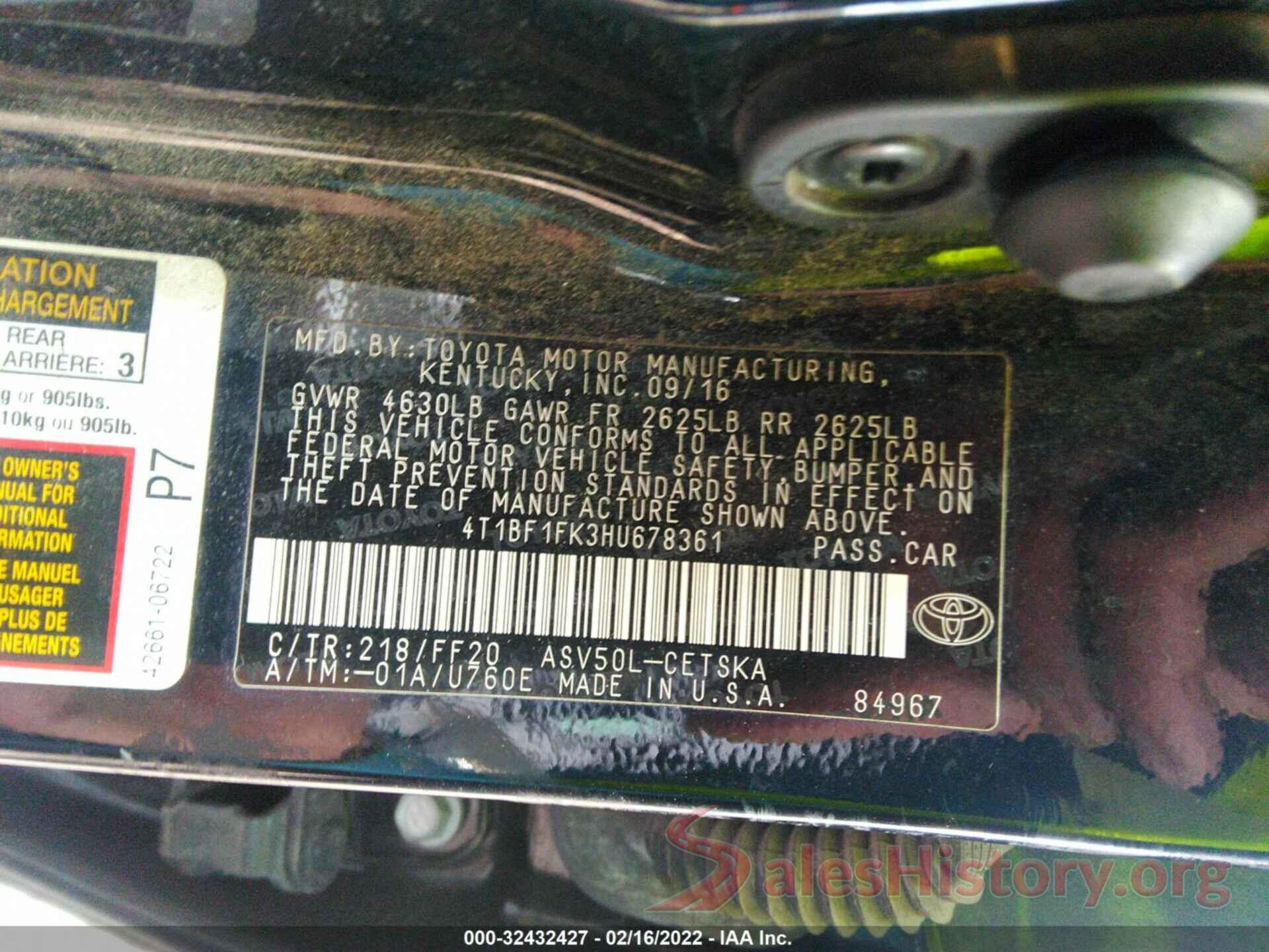 4T1BF1FK3HU678361 2017 TOYOTA CAMRY