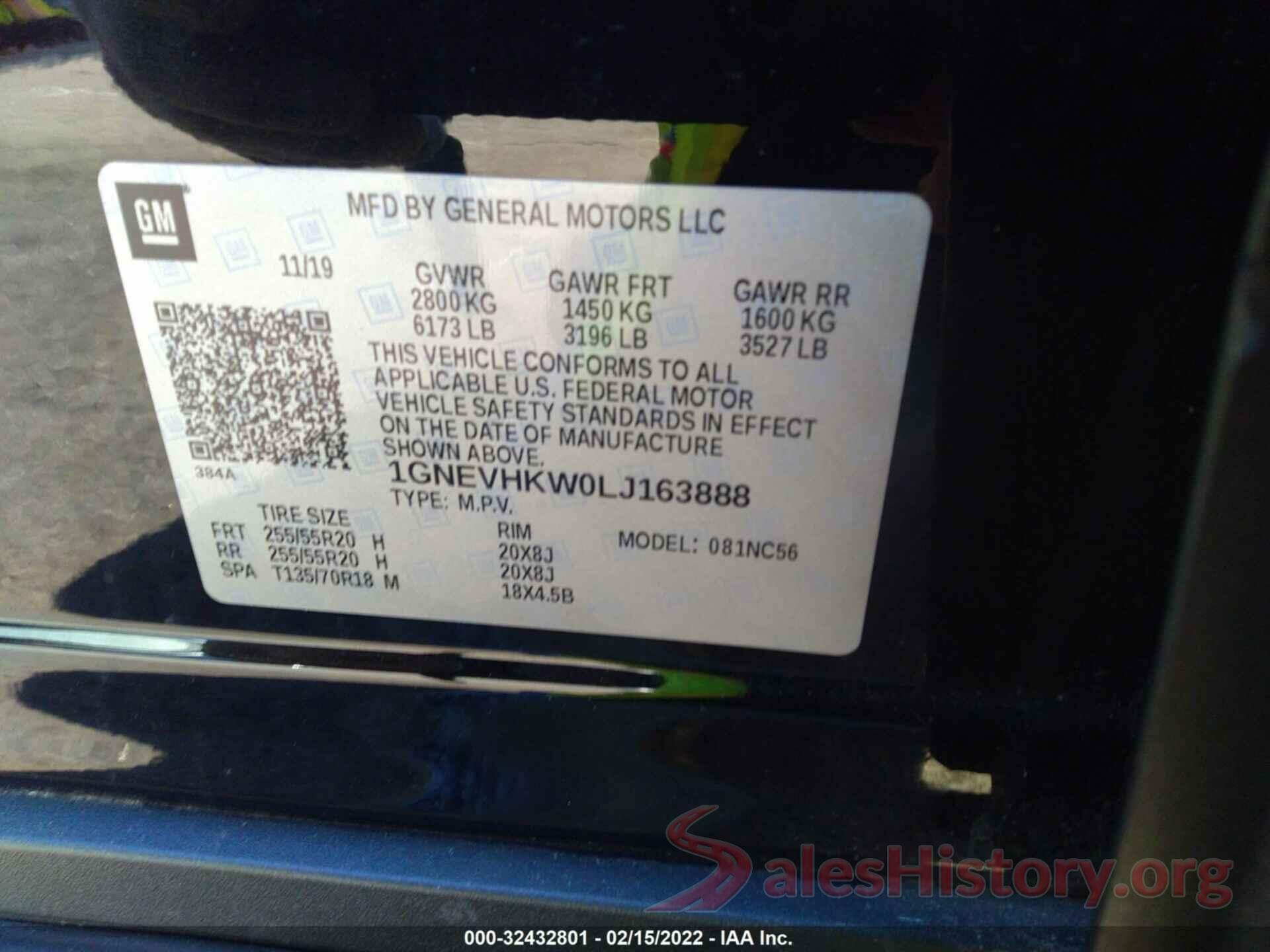 1GNEVHKW0LJ163888 2020 CHEVROLET TRAVERSE