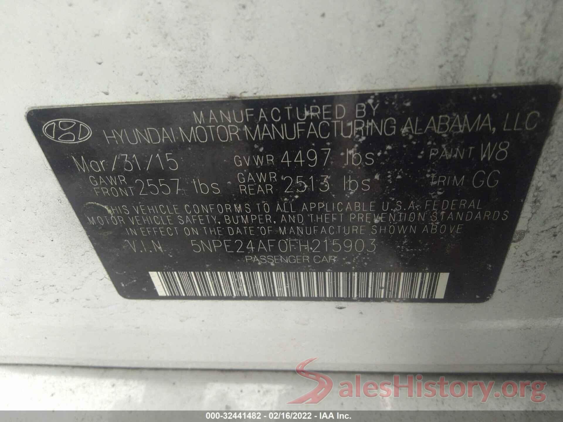 5NPE24AF0FH215903 2015 HYUNDAI SONATA