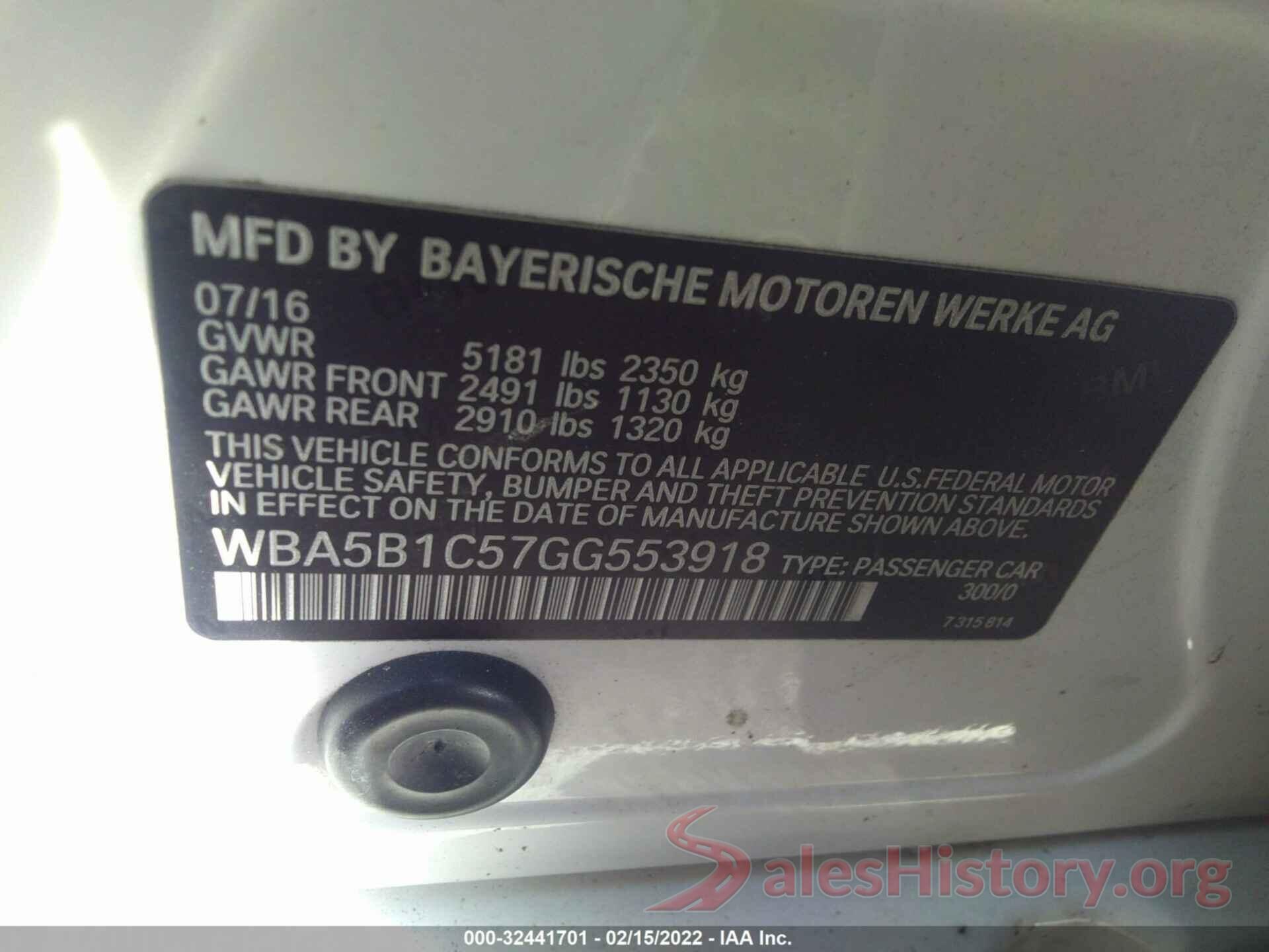 WBA5B1C57GG553918 2016 BMW 5 SERIES