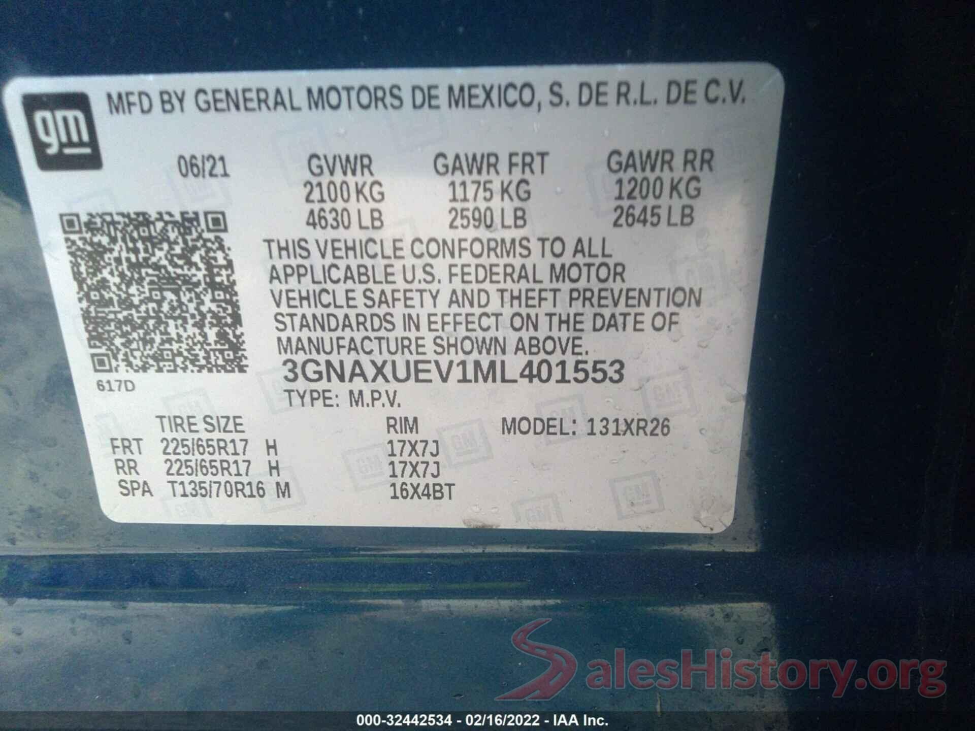 3GNAXUEV1ML401553 2021 CHEVROLET EQUINOX