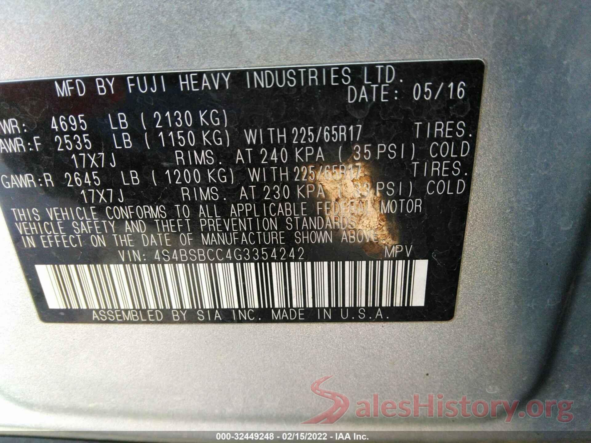 4S4BSBCC4G3354242 2016 SUBARU OUTBACK