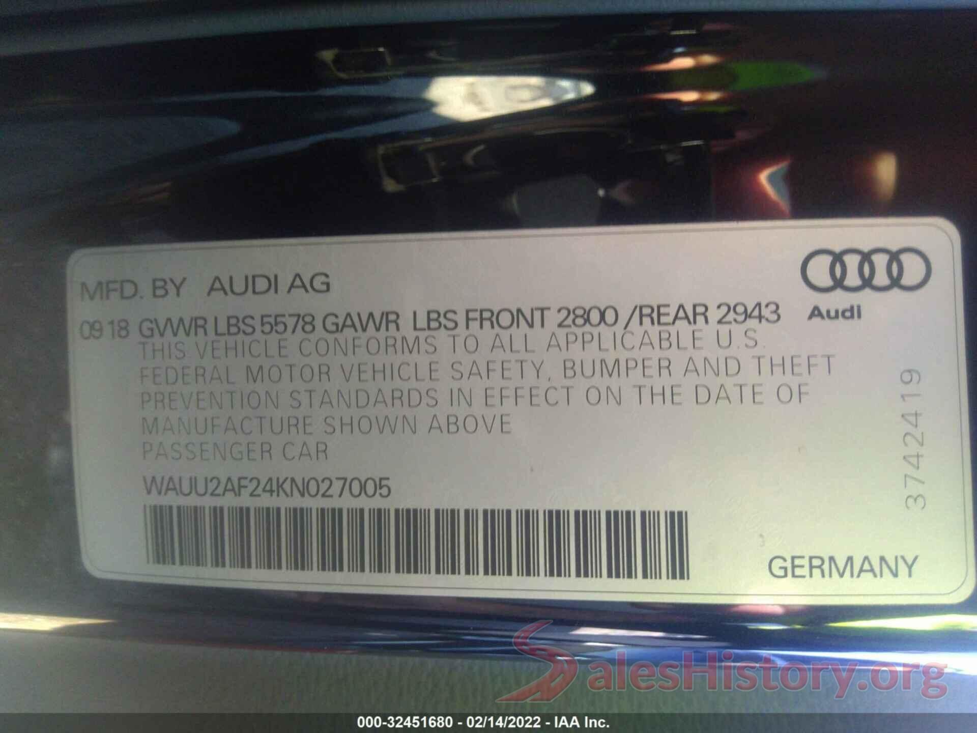 WAUU2AF24KN027005 2019 AUDI A7