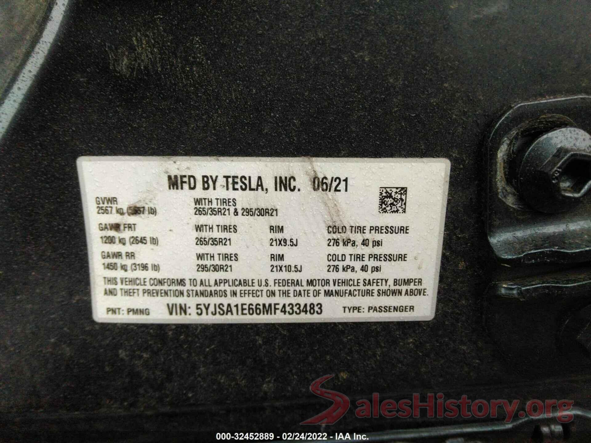 5YJSA1E66MF433483 2021 TESLA MODEL S